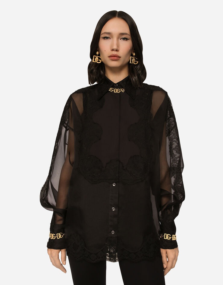 Organza tuxedo shirt with lace inserts - 4