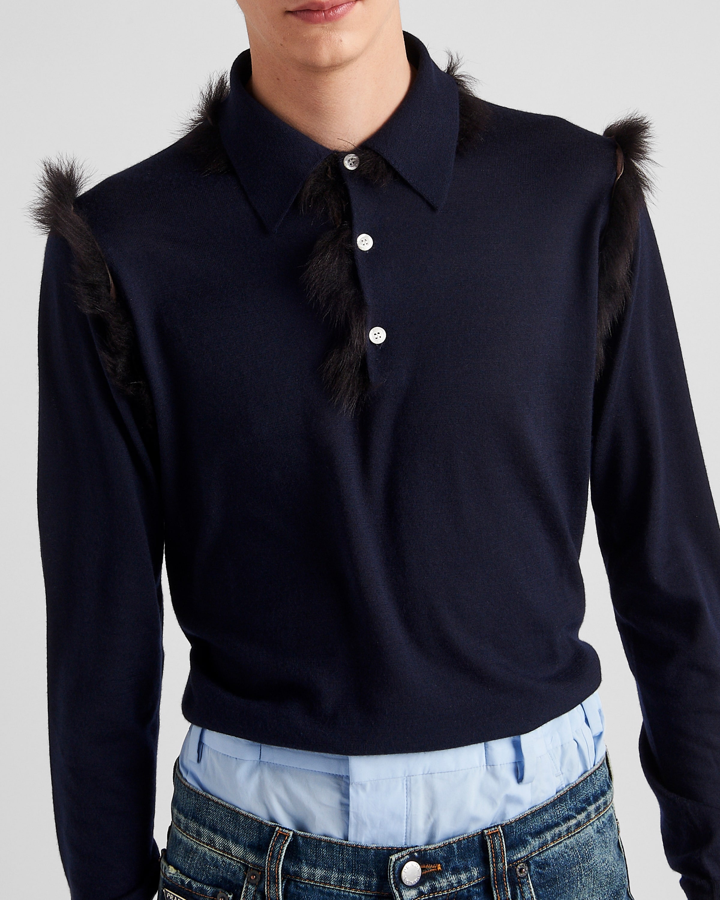 Cashmere knit polo sweater with shearling details - 3