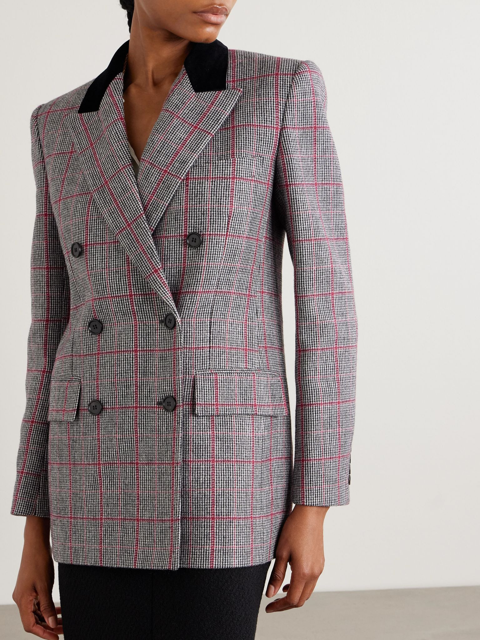 Double-breasted velvet-trimmed checked wool blazer Black - 3