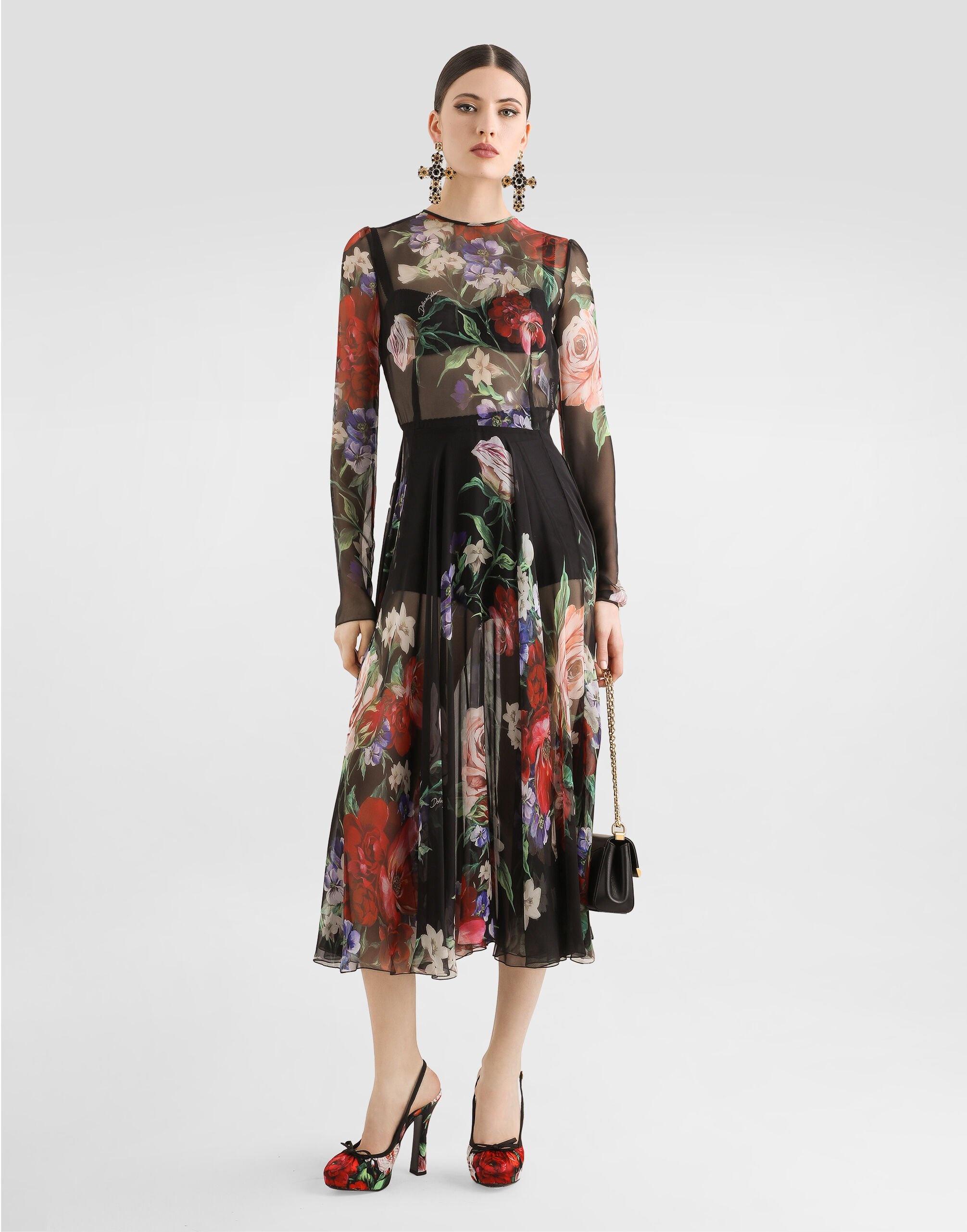 Floral-print chiffon calf-length dress with circle skirt - 5
