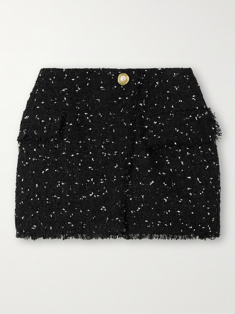 Wrap-effect Sequin-embellished Frayed Tweed Mini Skirt 1