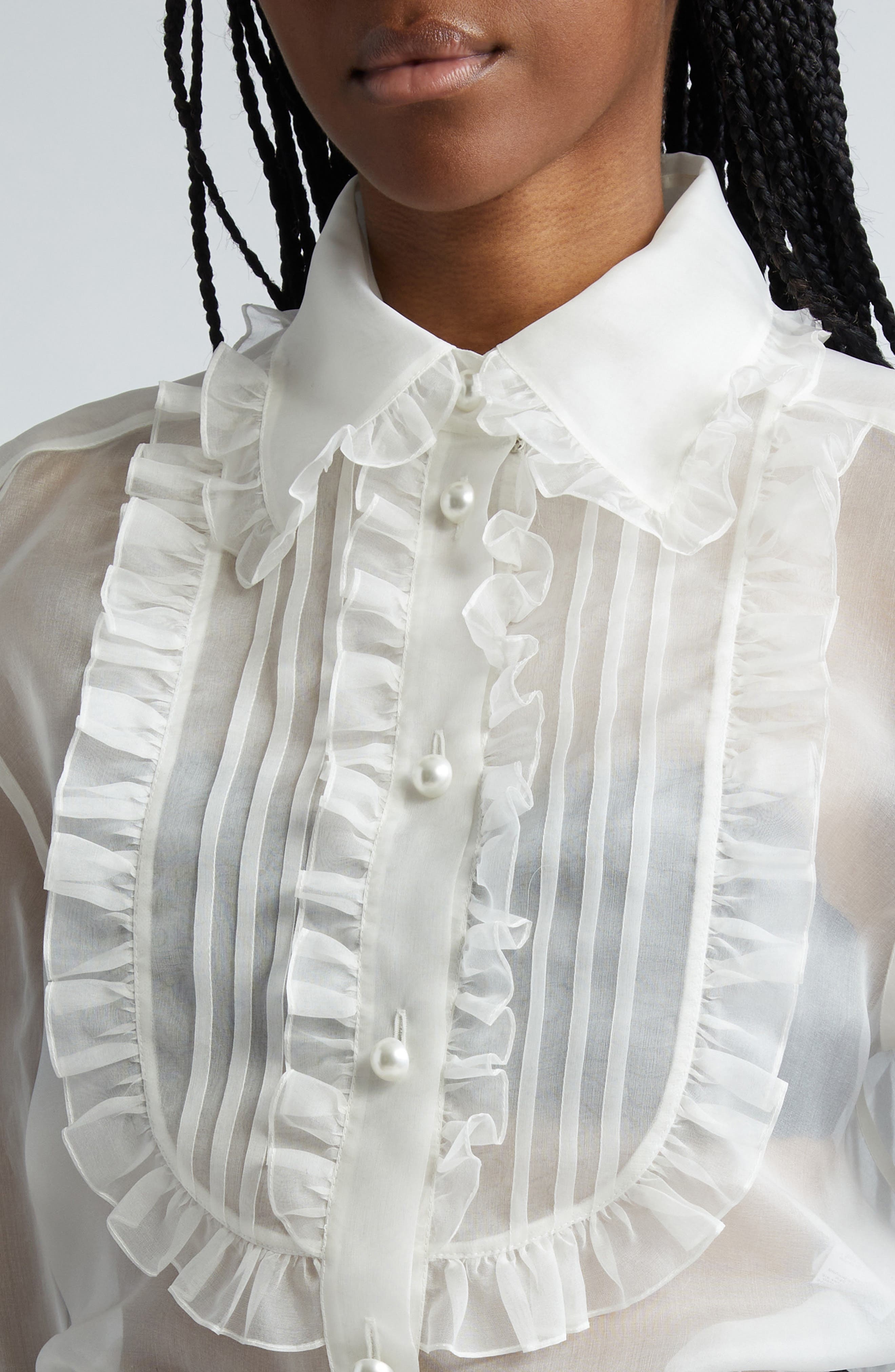Ruffle Bib Silk Button-Up Shirt - 5
