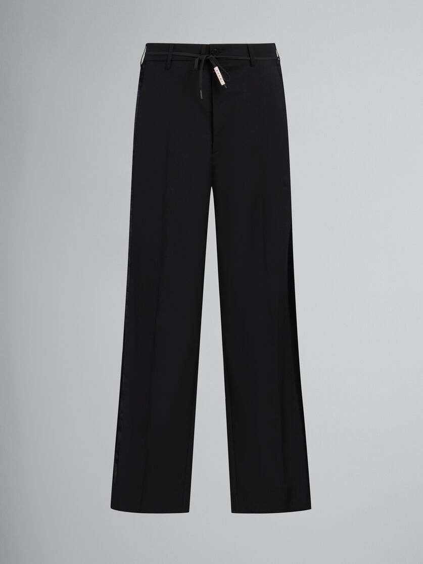 BLACK TROPICAL WOOL TROUSERS WITH SATIN STRIPES - 1