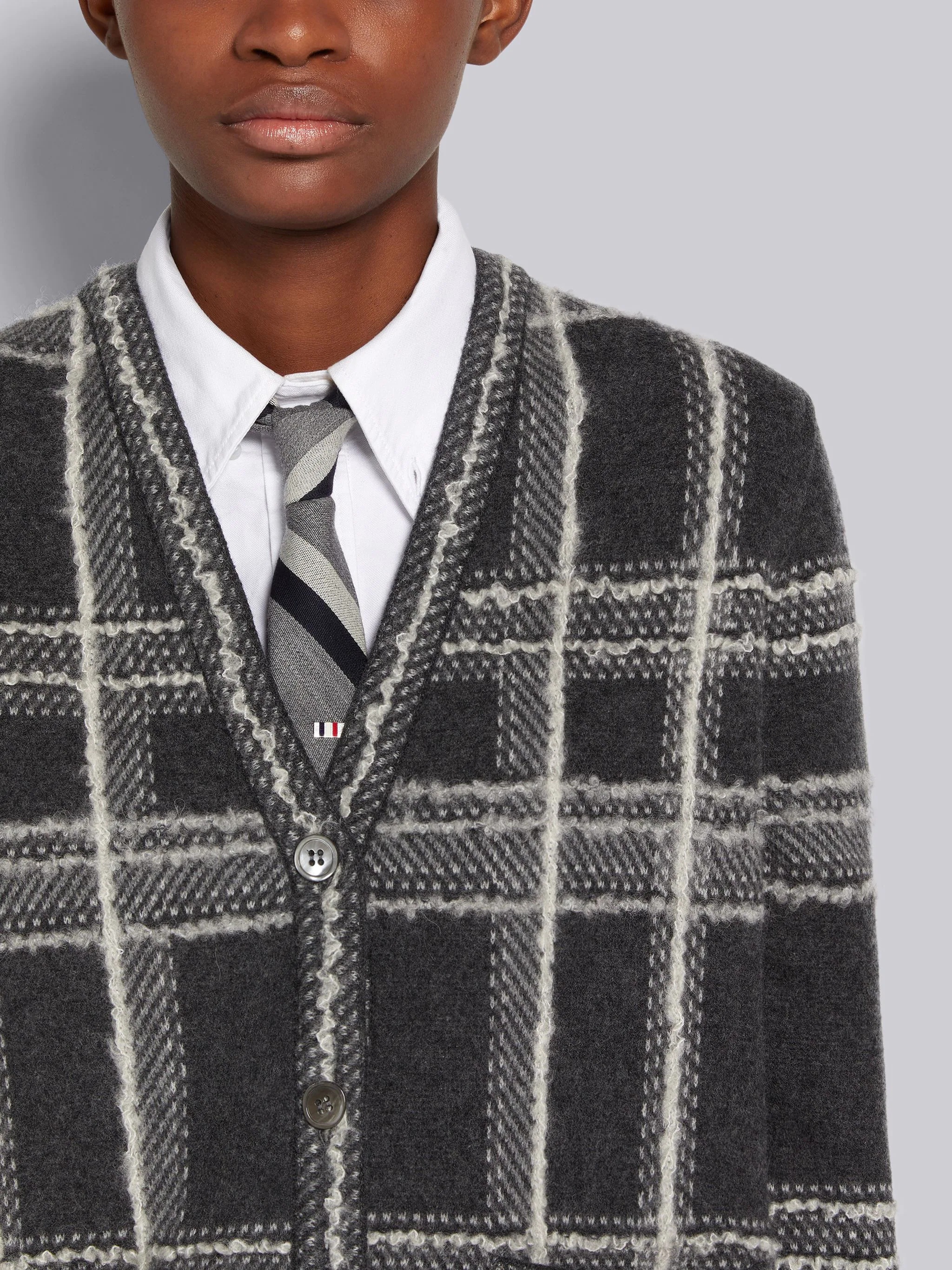 Dark Grey Hairline Madras Check Jacquard Boiled Wool Back Inlay V-Neck Cardigan - 5