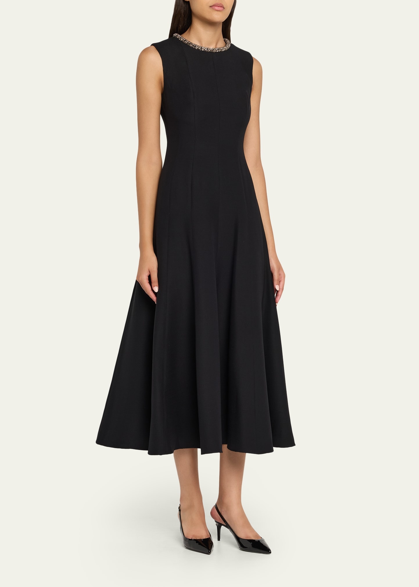 Fit-and-Flare Wool Silk Dress with Diamante Neck - 4