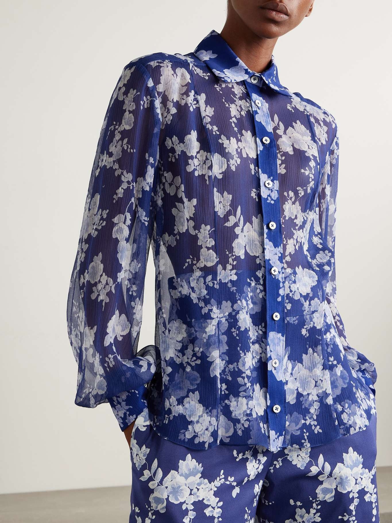 Floral-print silk-crepon shirt Blue - 3