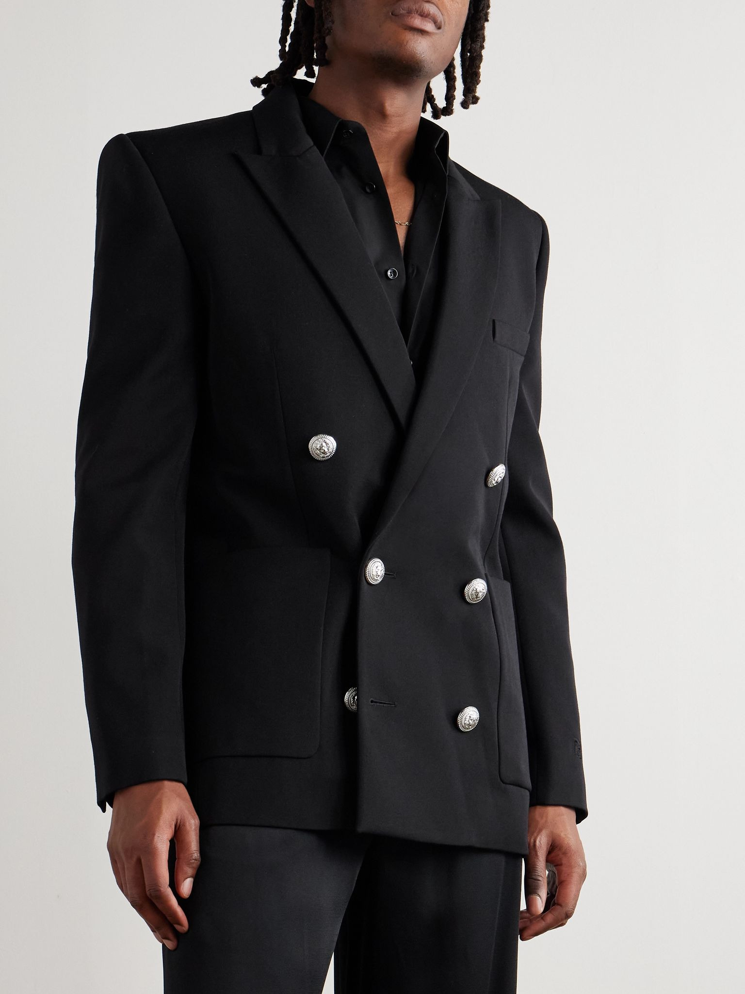 Double-Breasted Grain De Poudre Wool Blazer Black - 3