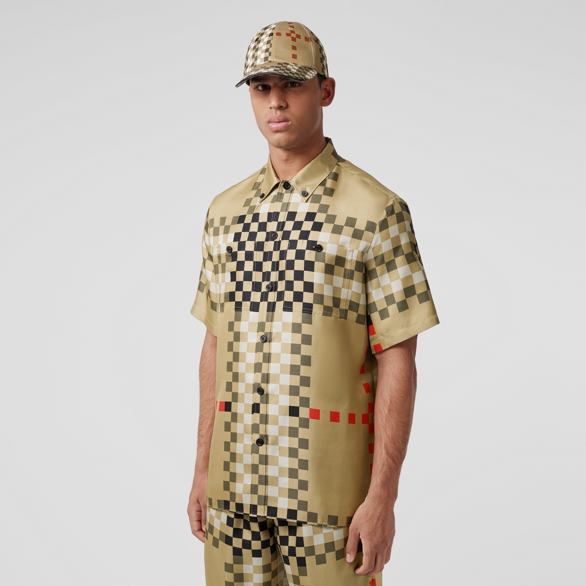 Short-sleeve Pixel Check Silk Shirt - 5