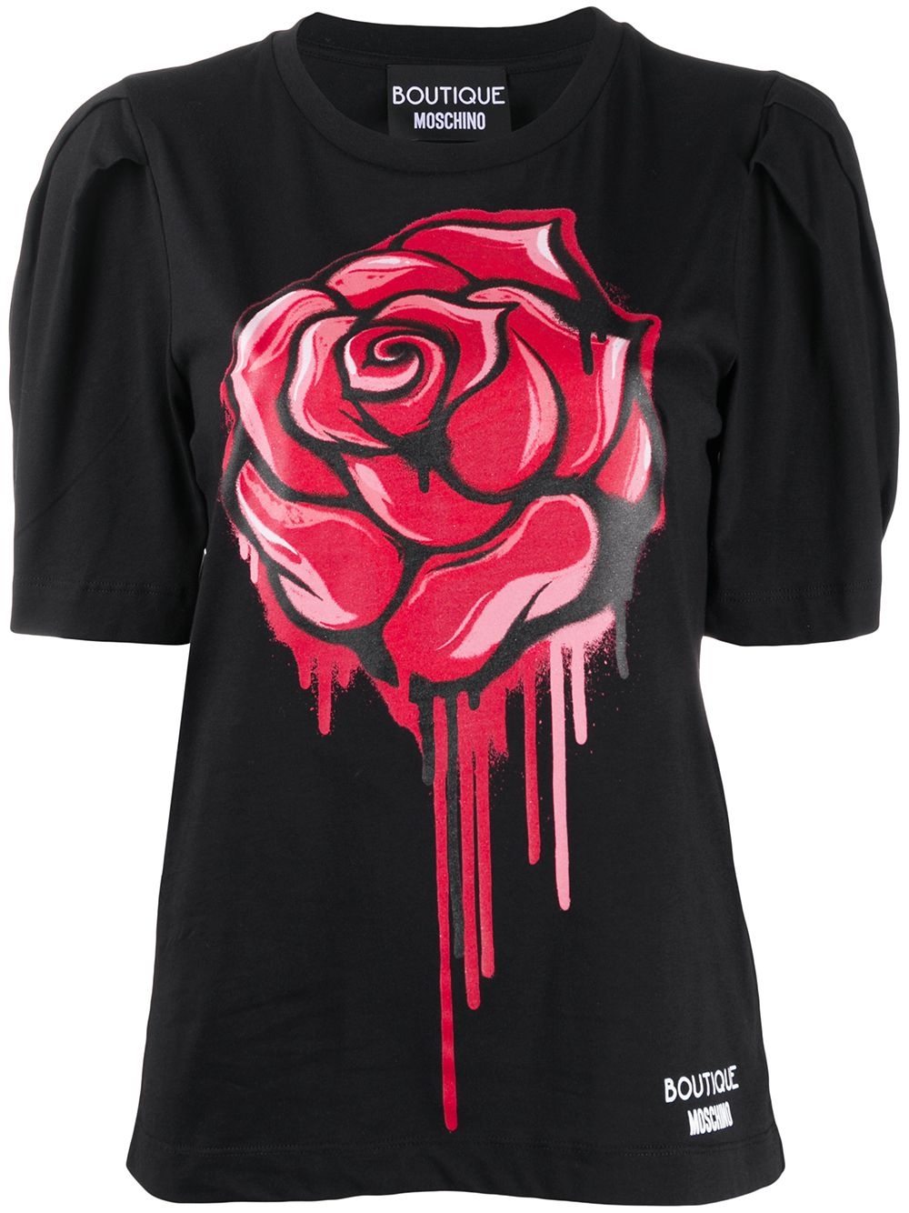 rose print puff sleeve T-shirt - 1