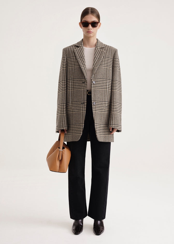 Longline wool blazer brown check - 2