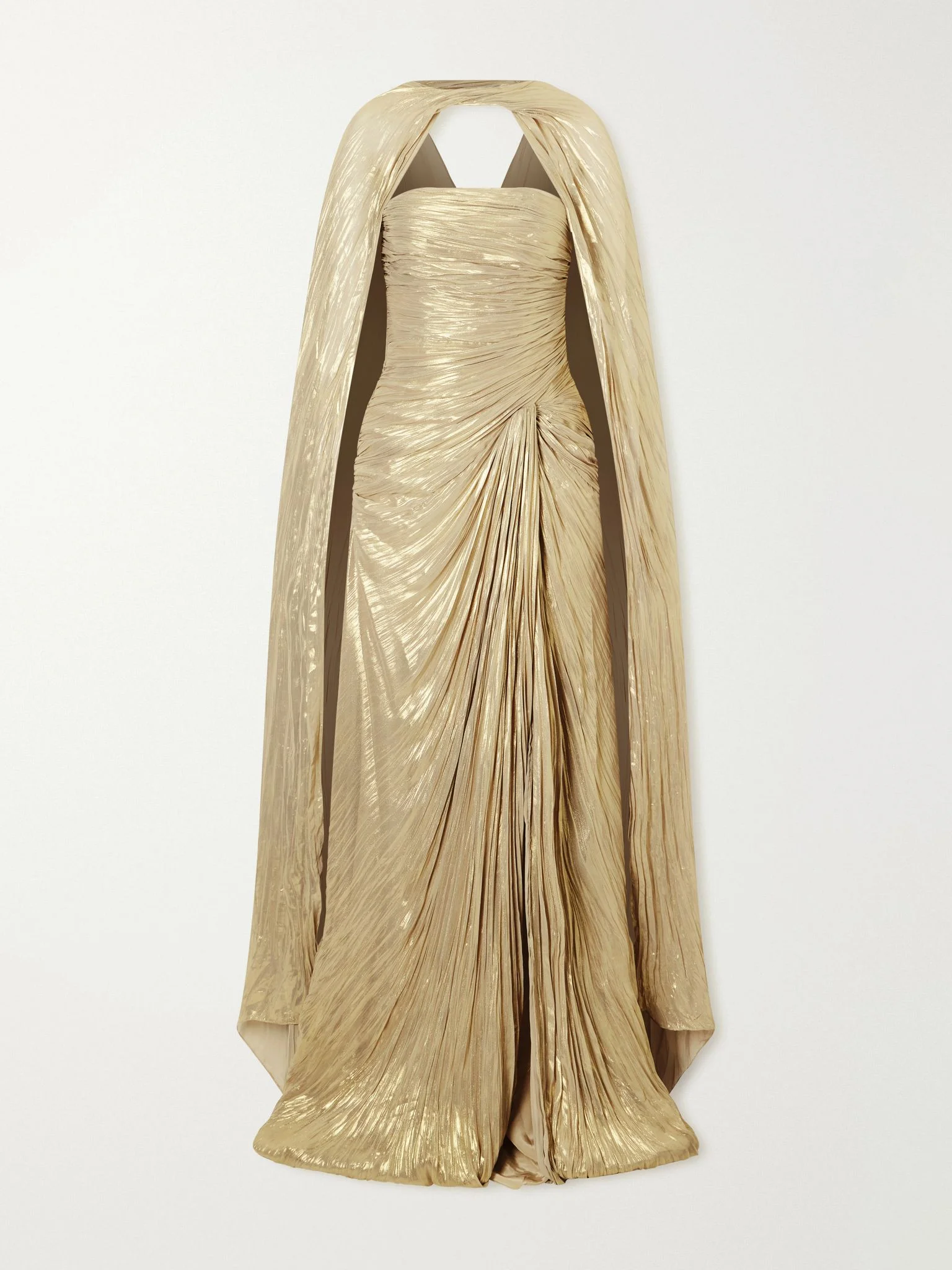 Cape-effect plissé metallic-satin gown Gold - 1