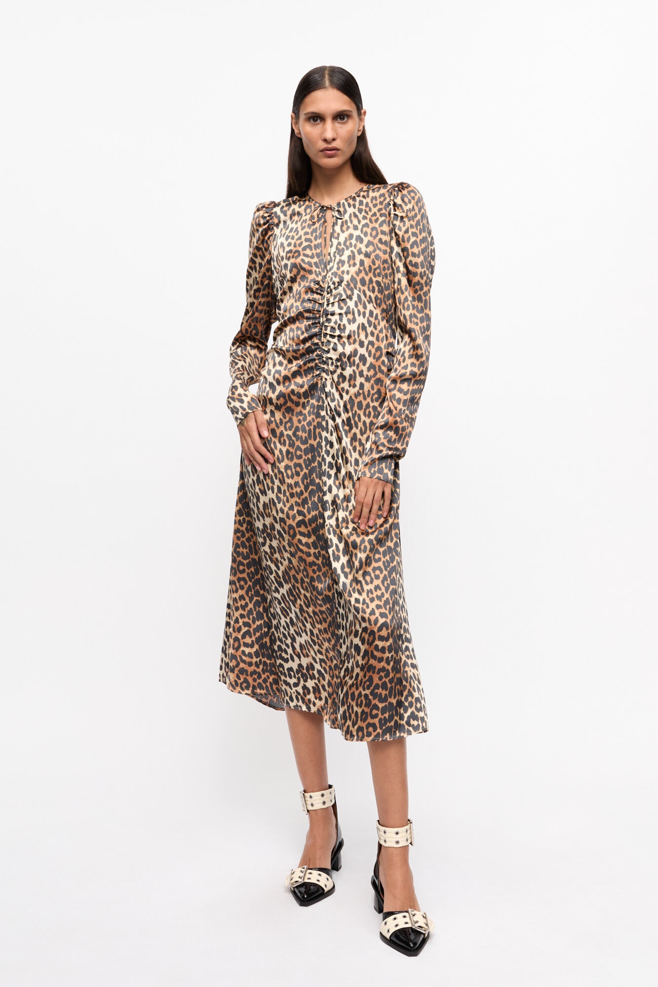 LEOPARD PRINT SATIN RUCHED MIDI DRESS - 2