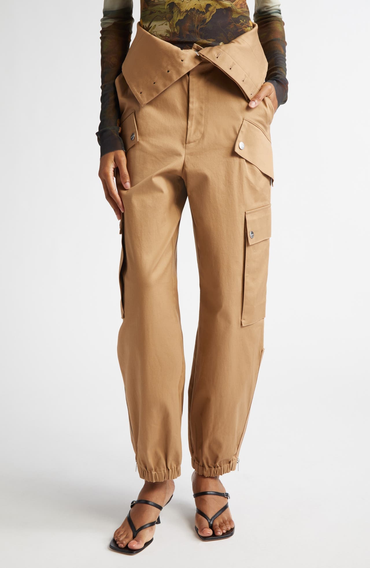 MONSE Double Waistband Zip Hem Twill Cargo Joggers in Beige at Nordstrom - 1