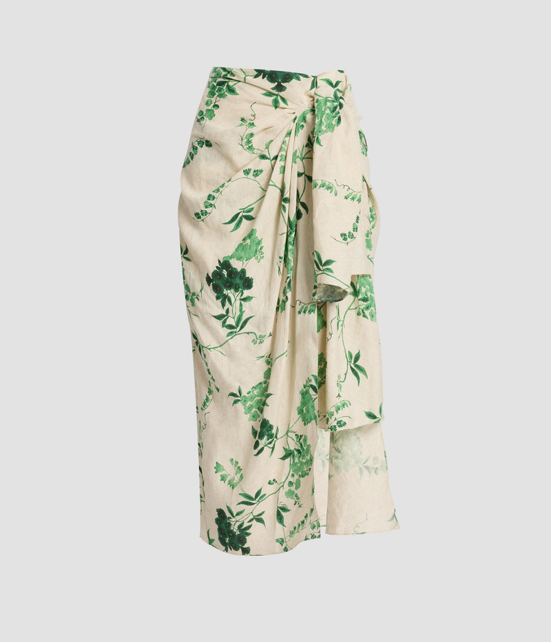 FLORAL PRINT LINEN DRAPE MIDI SKIRT 1