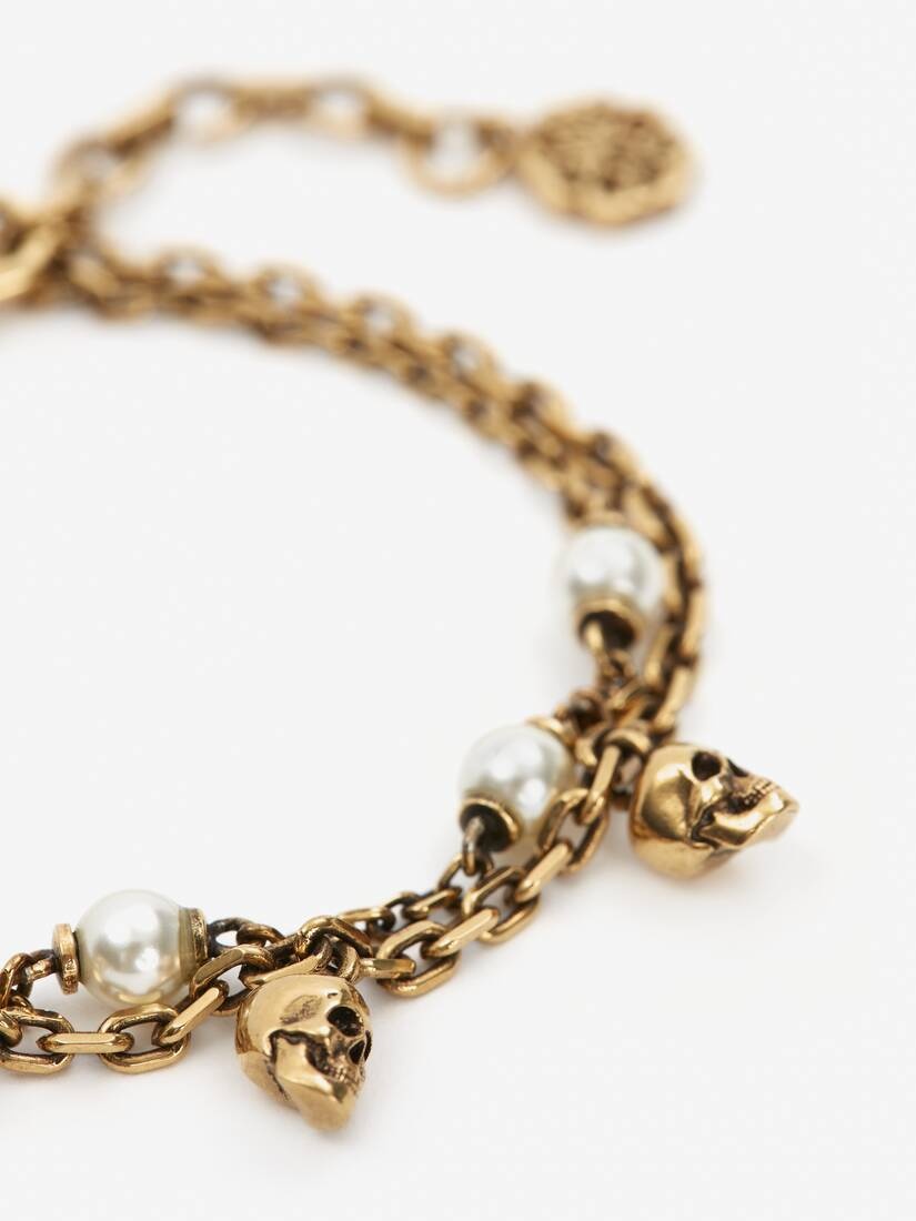 Women's Pearl Skull Chain Bracelet in Antique Gold - 3