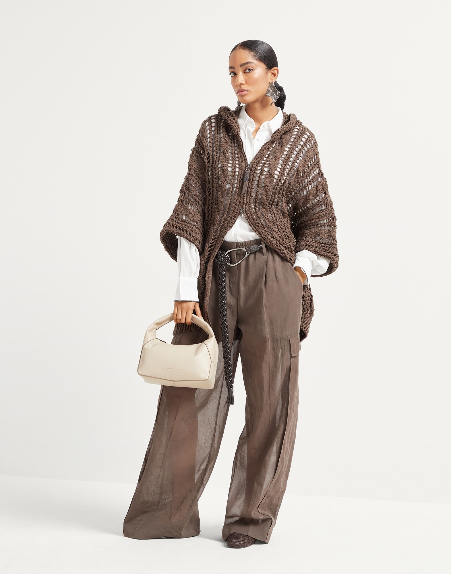 Jute and cotton cable & mesh hooded cardigan with shiny zipper pull - 5