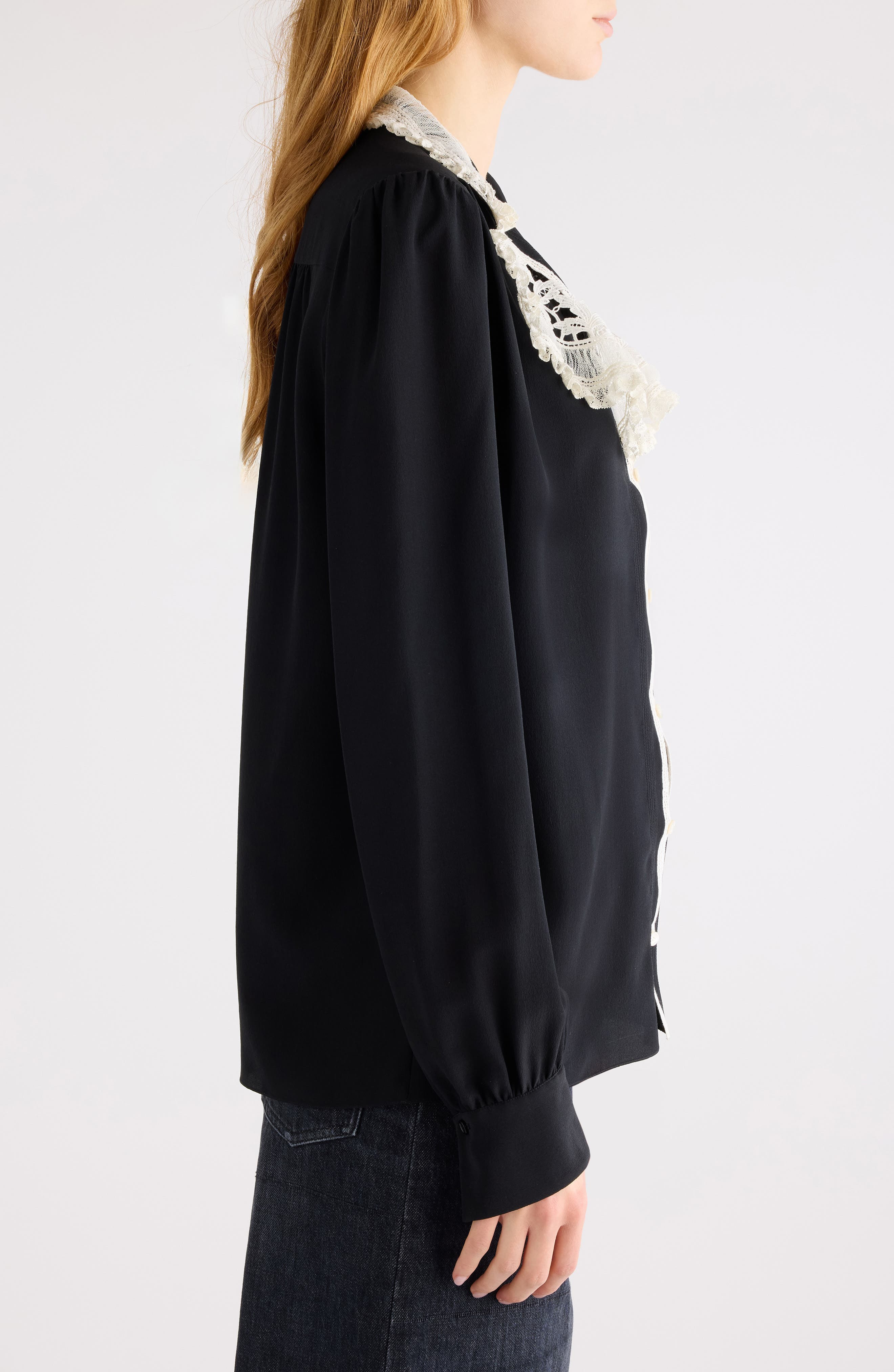 Chloé Silk Crêpe de Chine & Lace Ruffle Collar Button-Up Shirt in Black at Nordstrom - 4