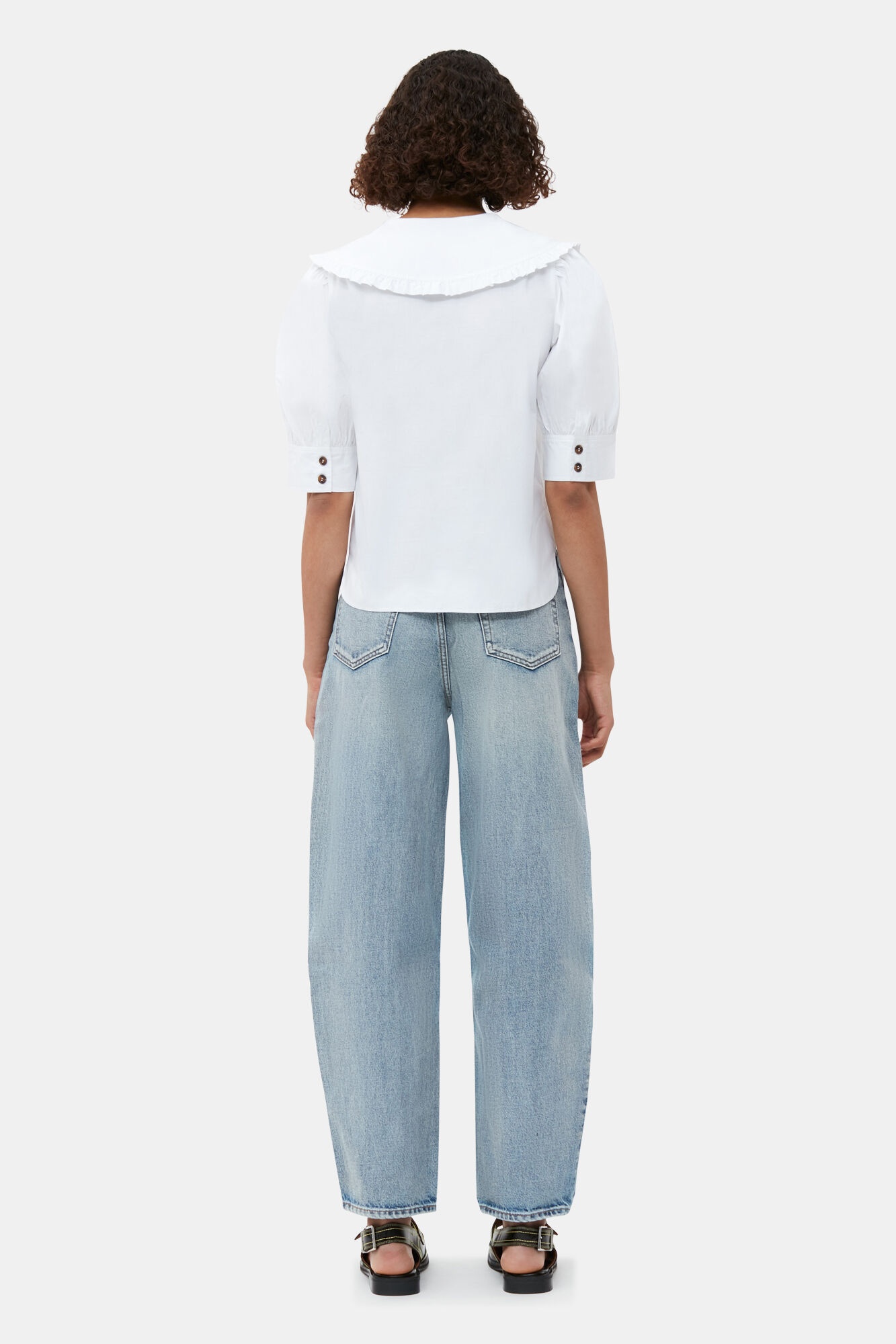 WHITE COTTON POPLIN V-NECK RUFFLE BLOUSE - 5