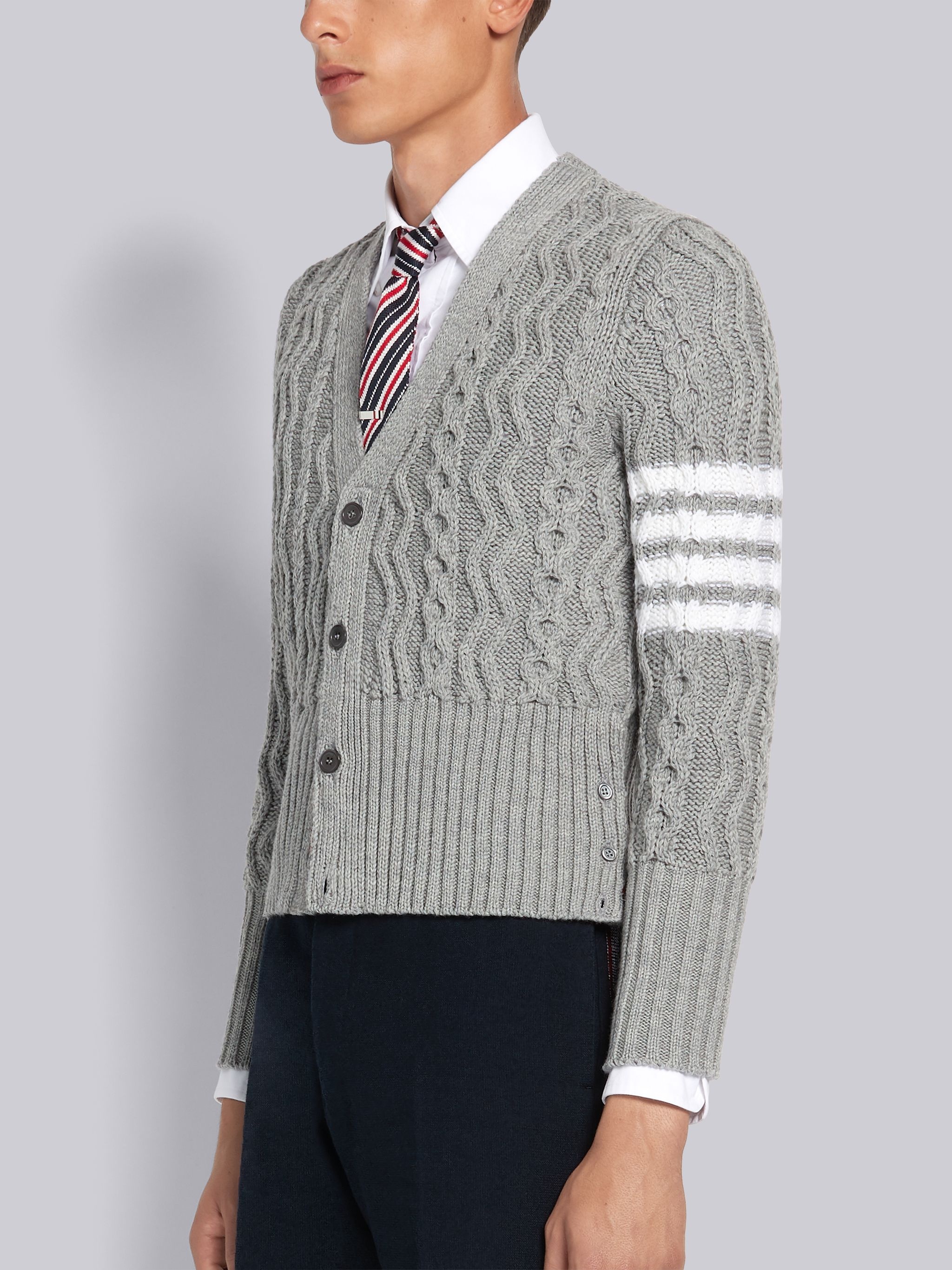 Light Grey Fine Merino Wool Aran Cable 4-Bar Classic V-neck Cardigan - 2