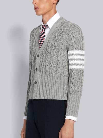 Thom Browne Light Grey Fine Merino Wool Aran Cable 4-Bar Classic V-neck Cardigan outlook