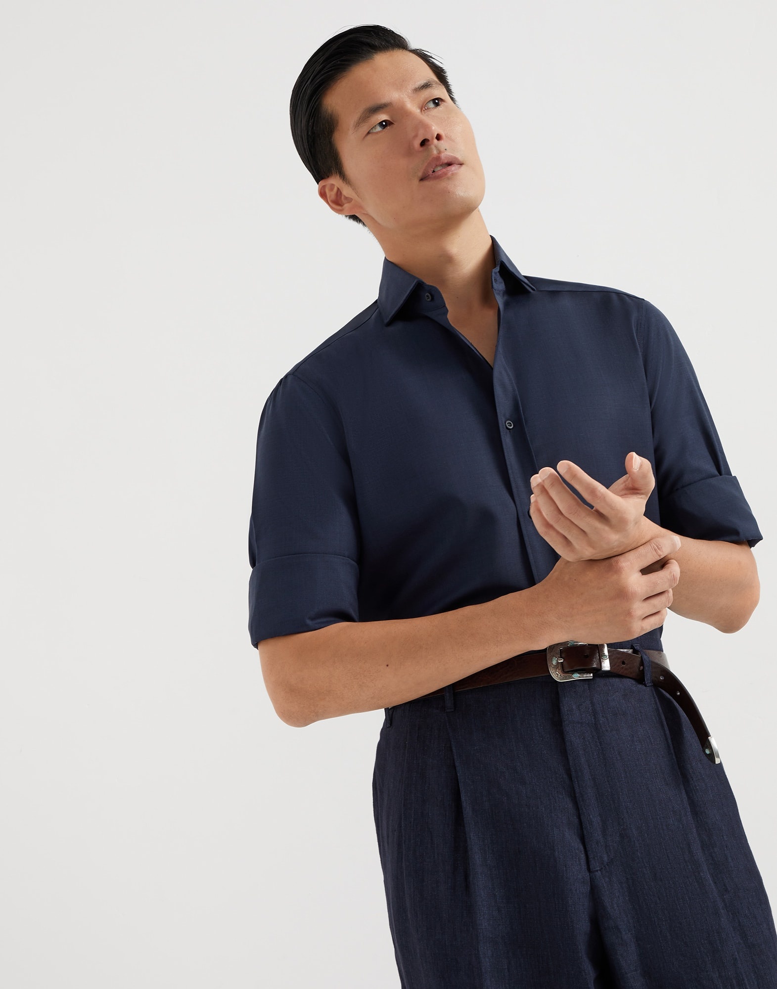 Virgin wool poplin basic fit shirt with spread collar - 4