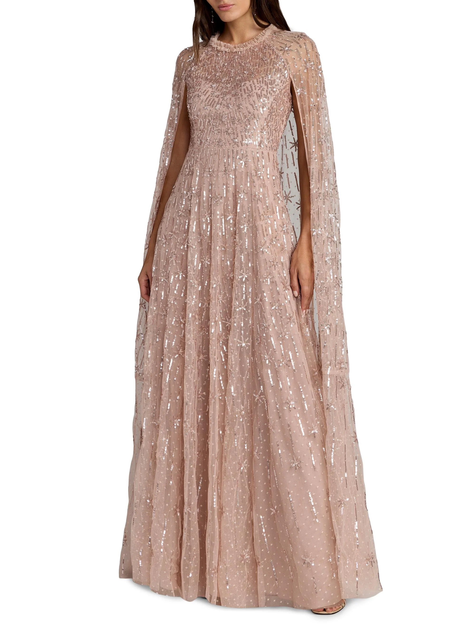 Women's Sequined Cape-Sleeve Gown - Rose - 1