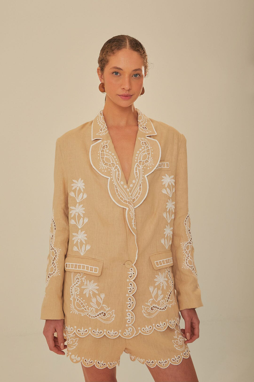 Khaki Embroidered Euroflax™ Premium Linen Blazer - 1