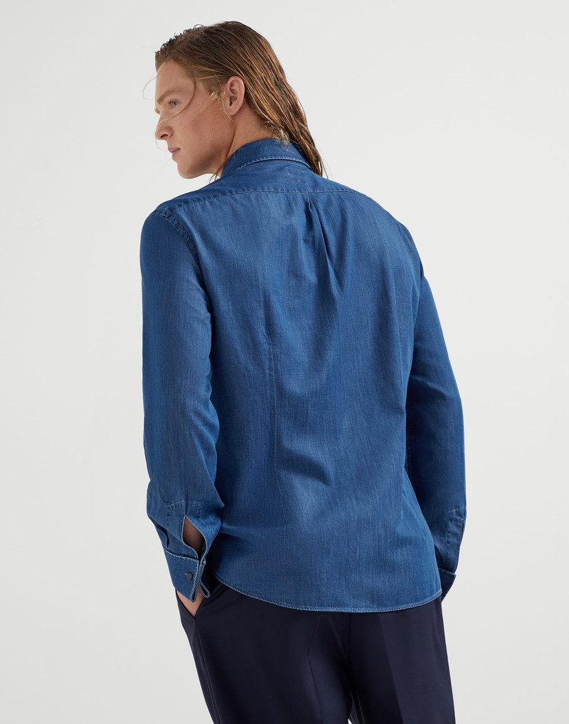 Brunello Cucinelli Lightweight denim slim fit tuxedo shirt with pleated bib, spread collar and French cuffs outlook