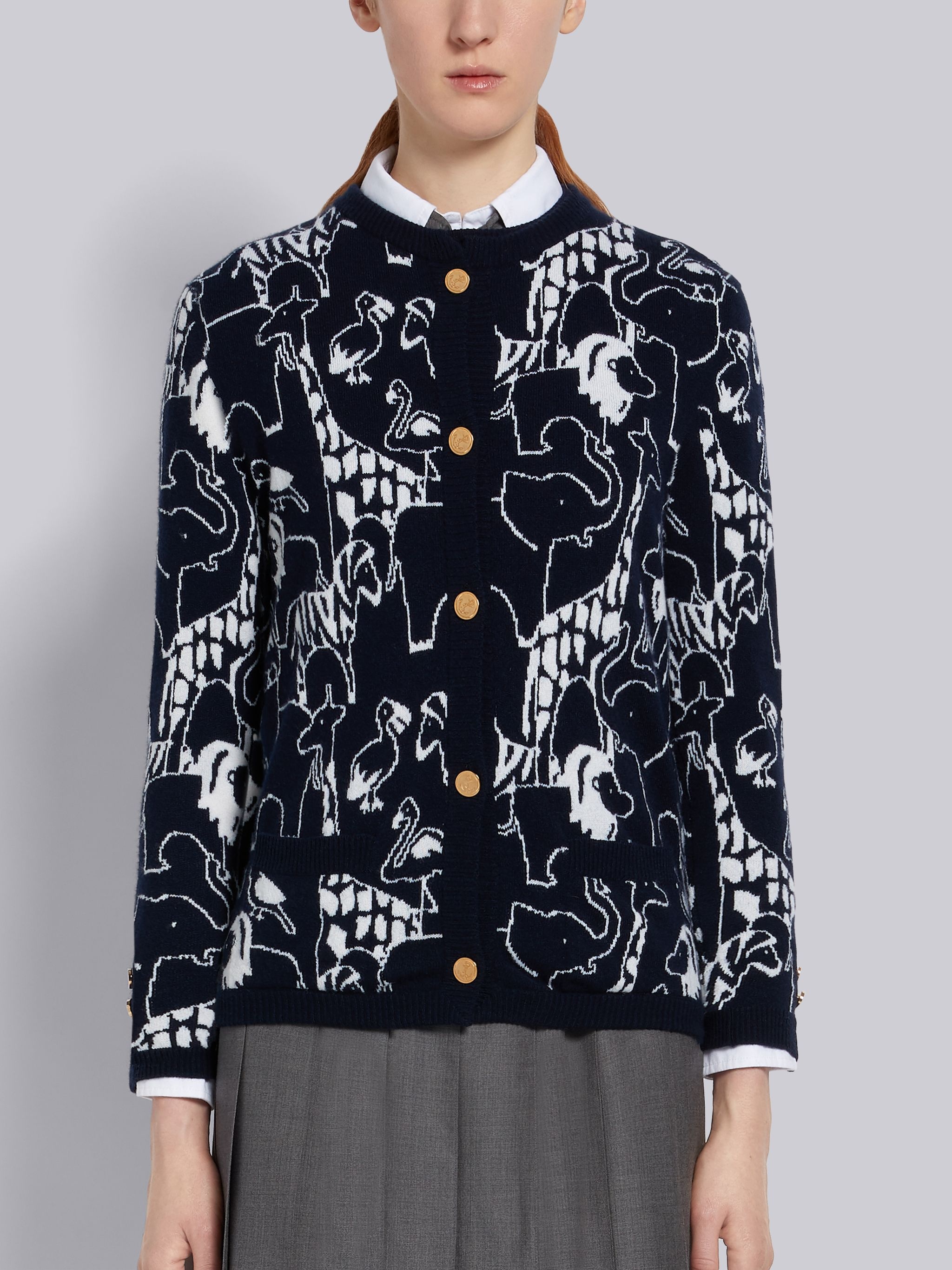 Navy Cashmere Animal Icon Intarsia Crewneck Cardigan - 1