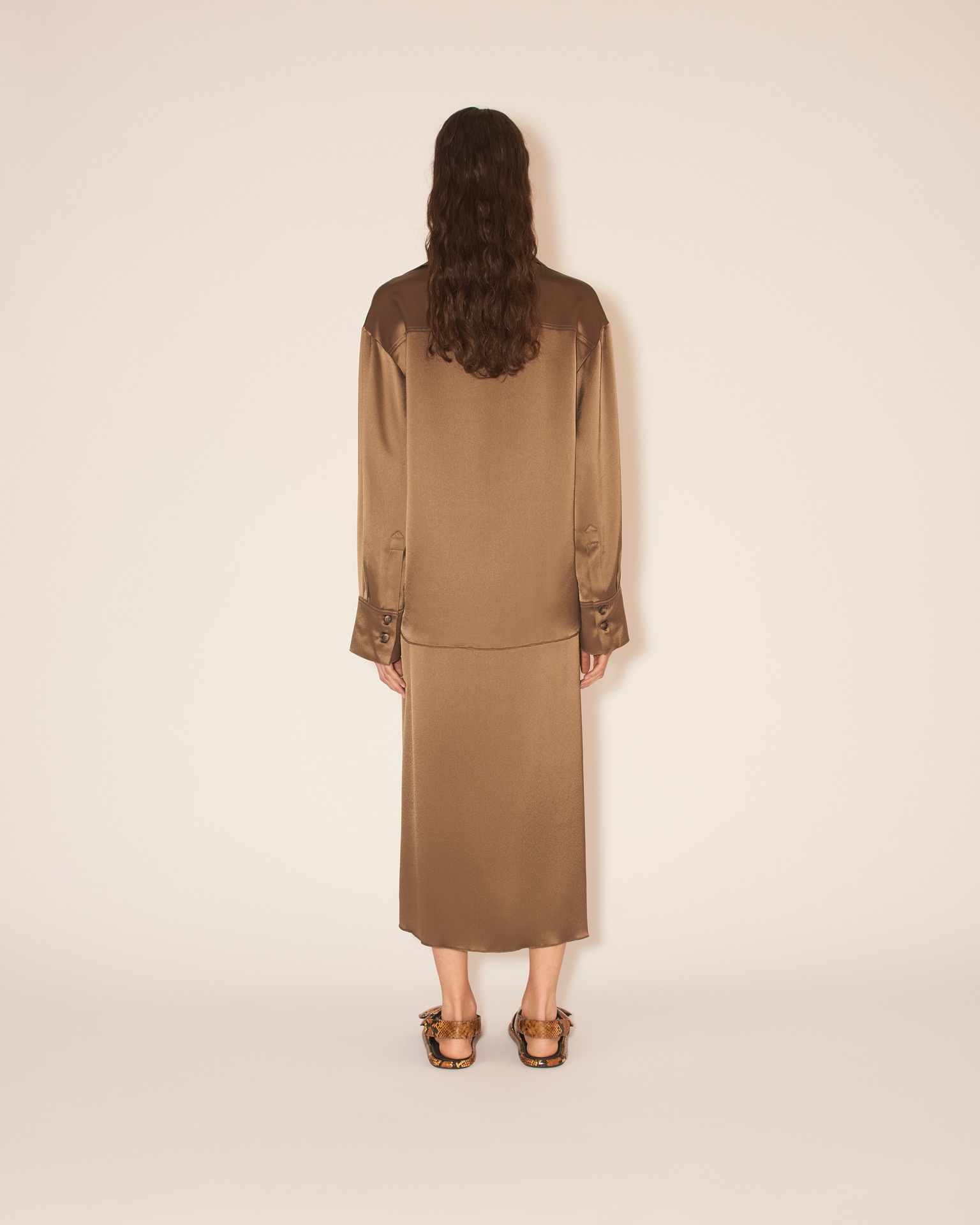 EBBA - Relaxed fit satin long sleeve shirt with slight pilgrim collar - Dark khaki - 4