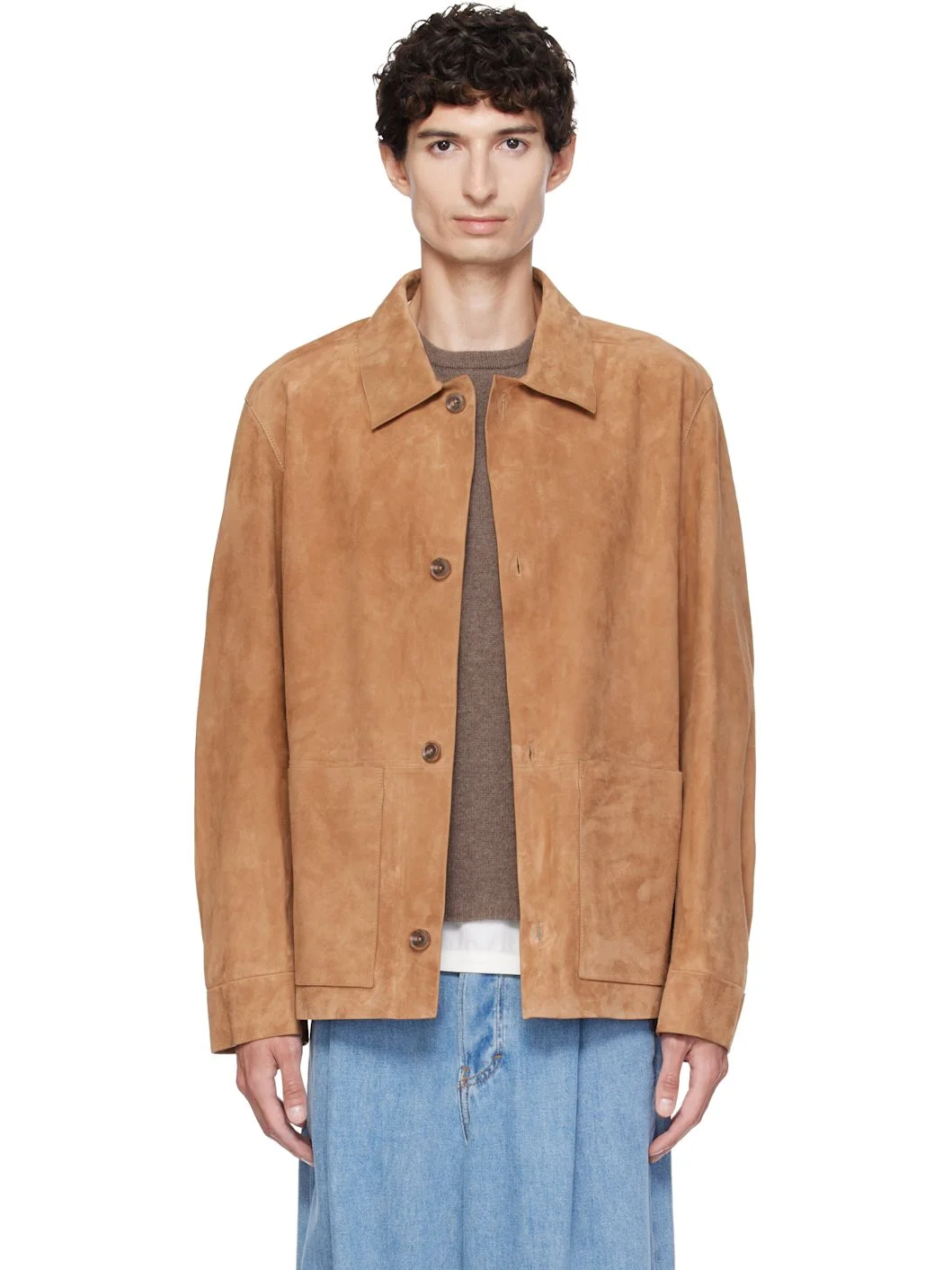 Tan Button-Up Suede Checkered Lining Leather Jacket - 1