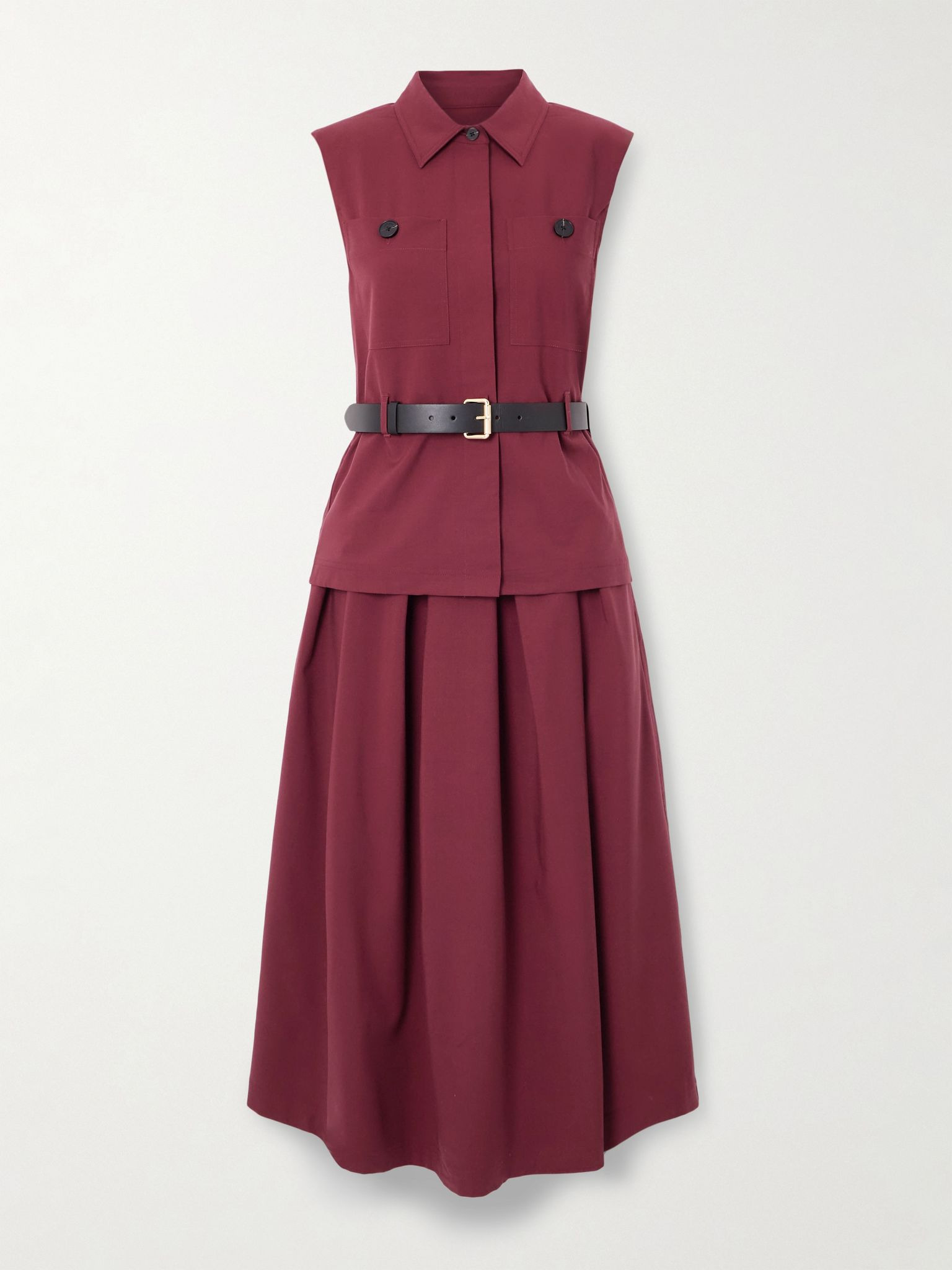 Belted layered pleated twill midi dress Burgundy - 1