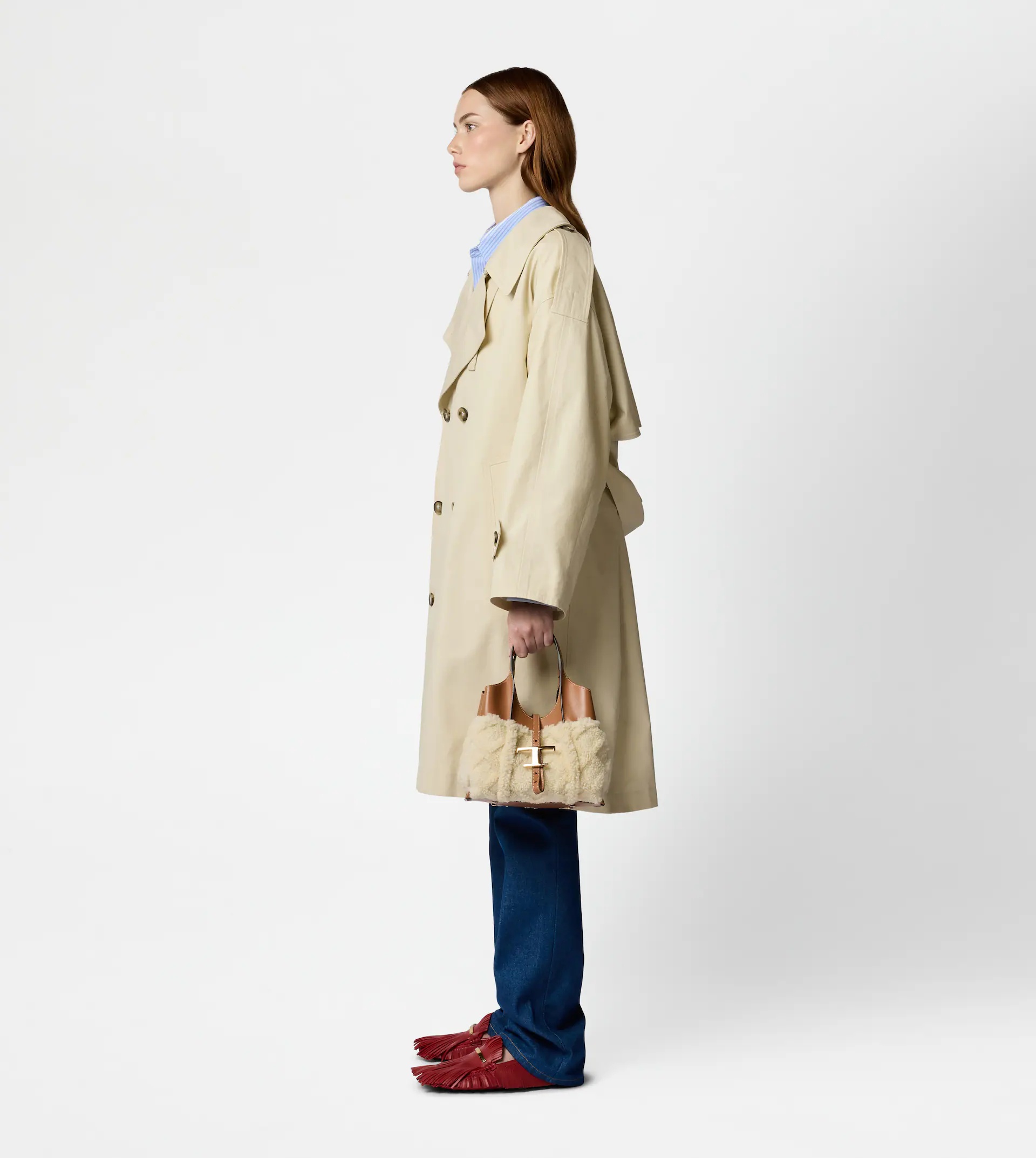 T TIMELESS SHOPPING BAG IN LEATHER AND SHEARLING MINI - BROWN, OFF WHITE - 3