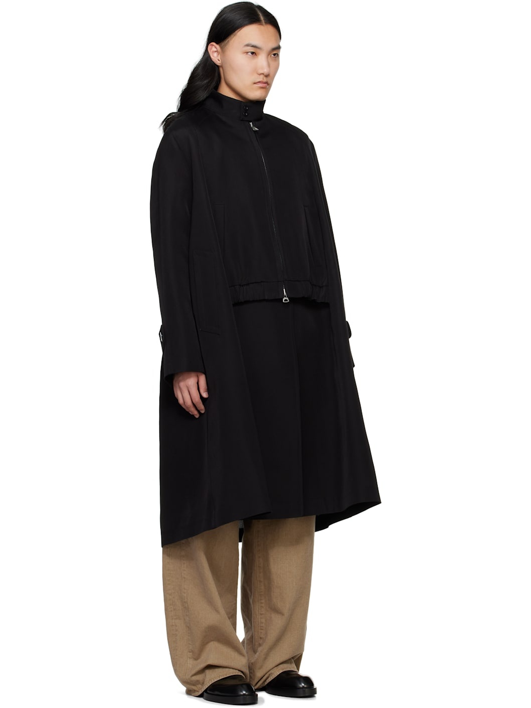 Black Double-Faced Silk Cotton Coat - 2