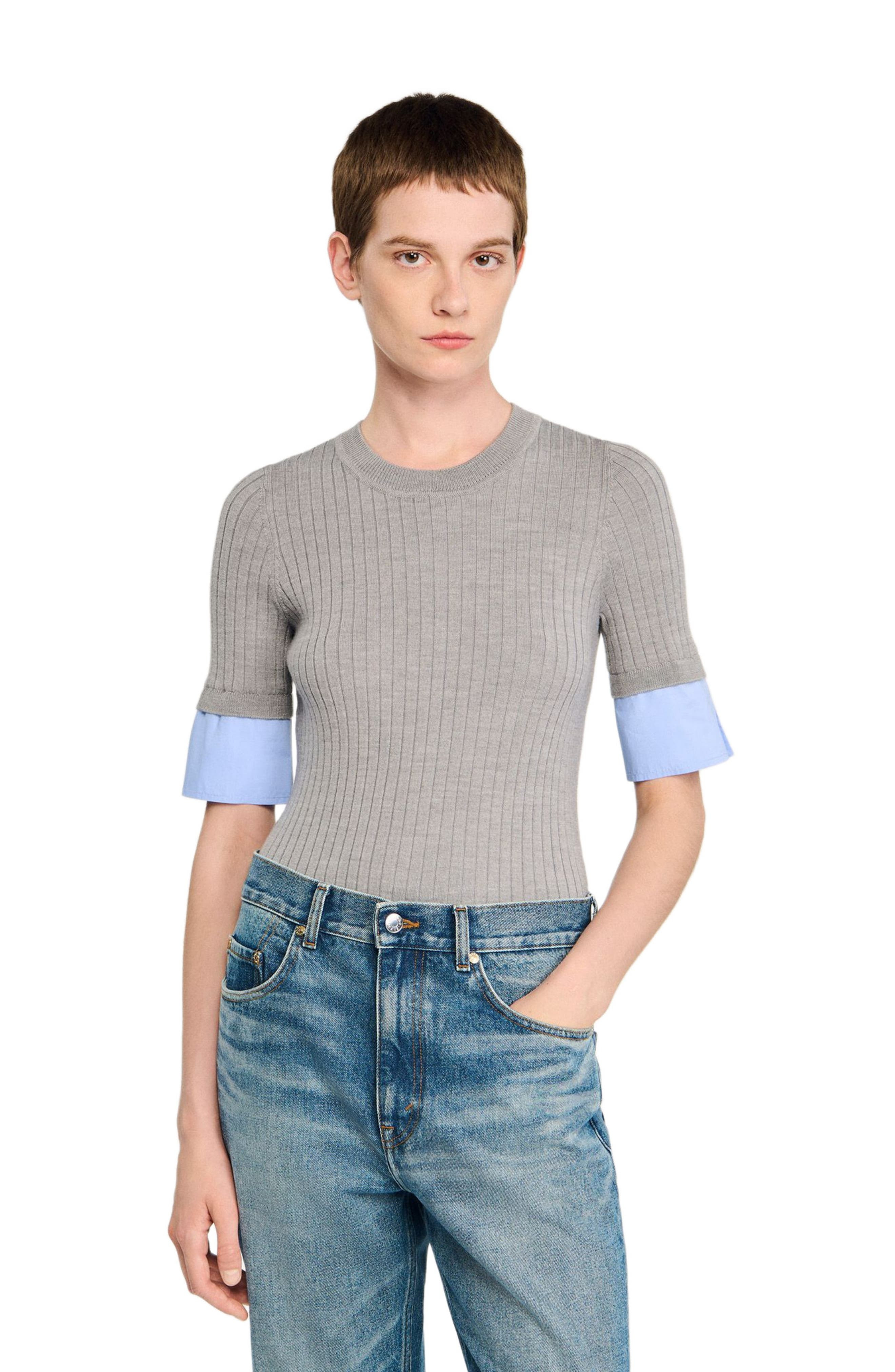 SANDRO Sweater with contrast short sleeves in Grey at Nordstrom - 3