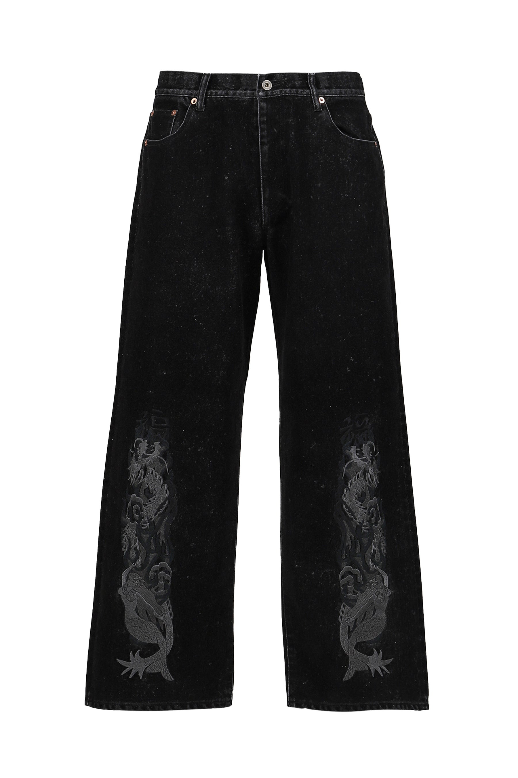 FLOCKED DEINM EMBROIDERED PANTS / BLK - 5