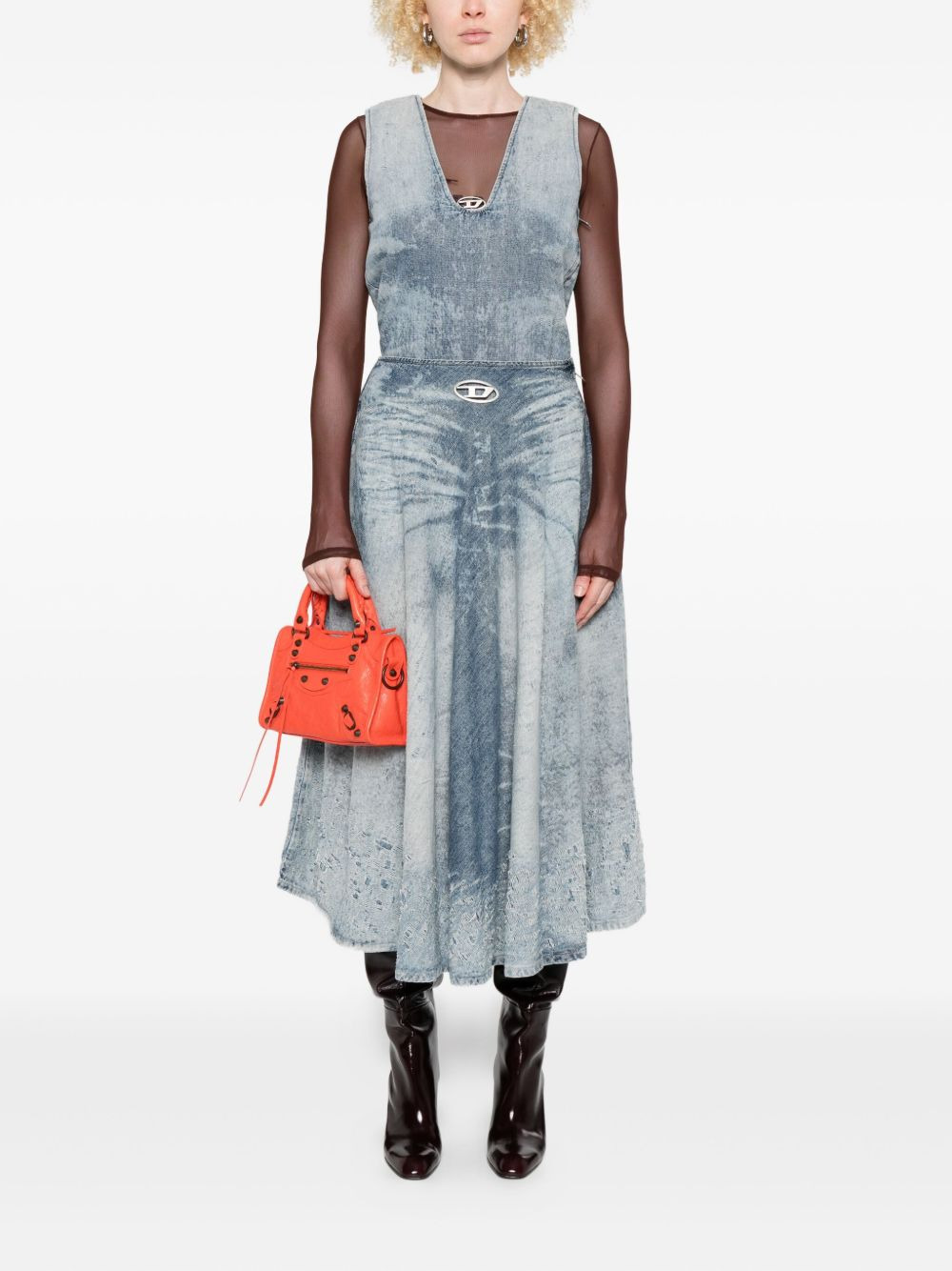 acid-wash logo-plaque denim midi A-line skirt - 2