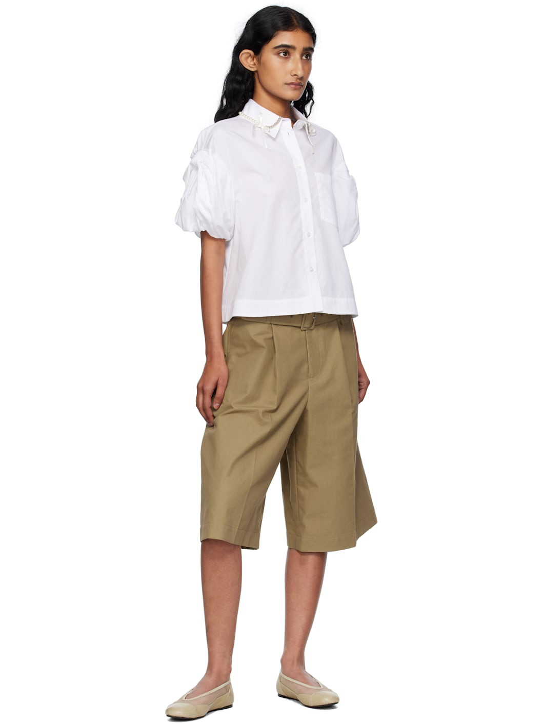 White Cropped Puff Bow Sleeve Shirt - 4