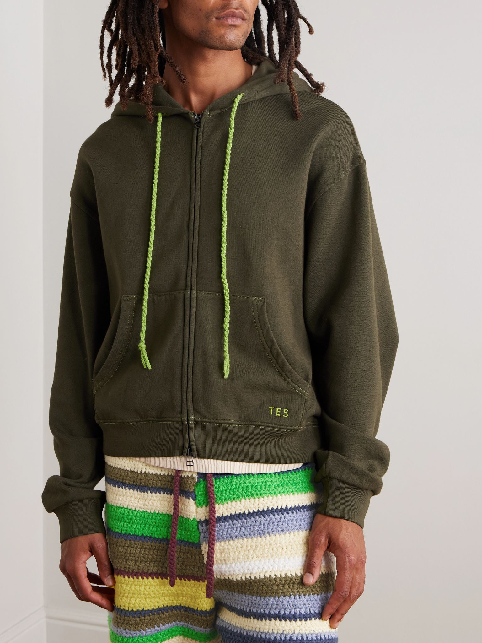 Embroidered Cotton and Cashmere-Blend Jersey Zip-Up Hoodie Green - 3