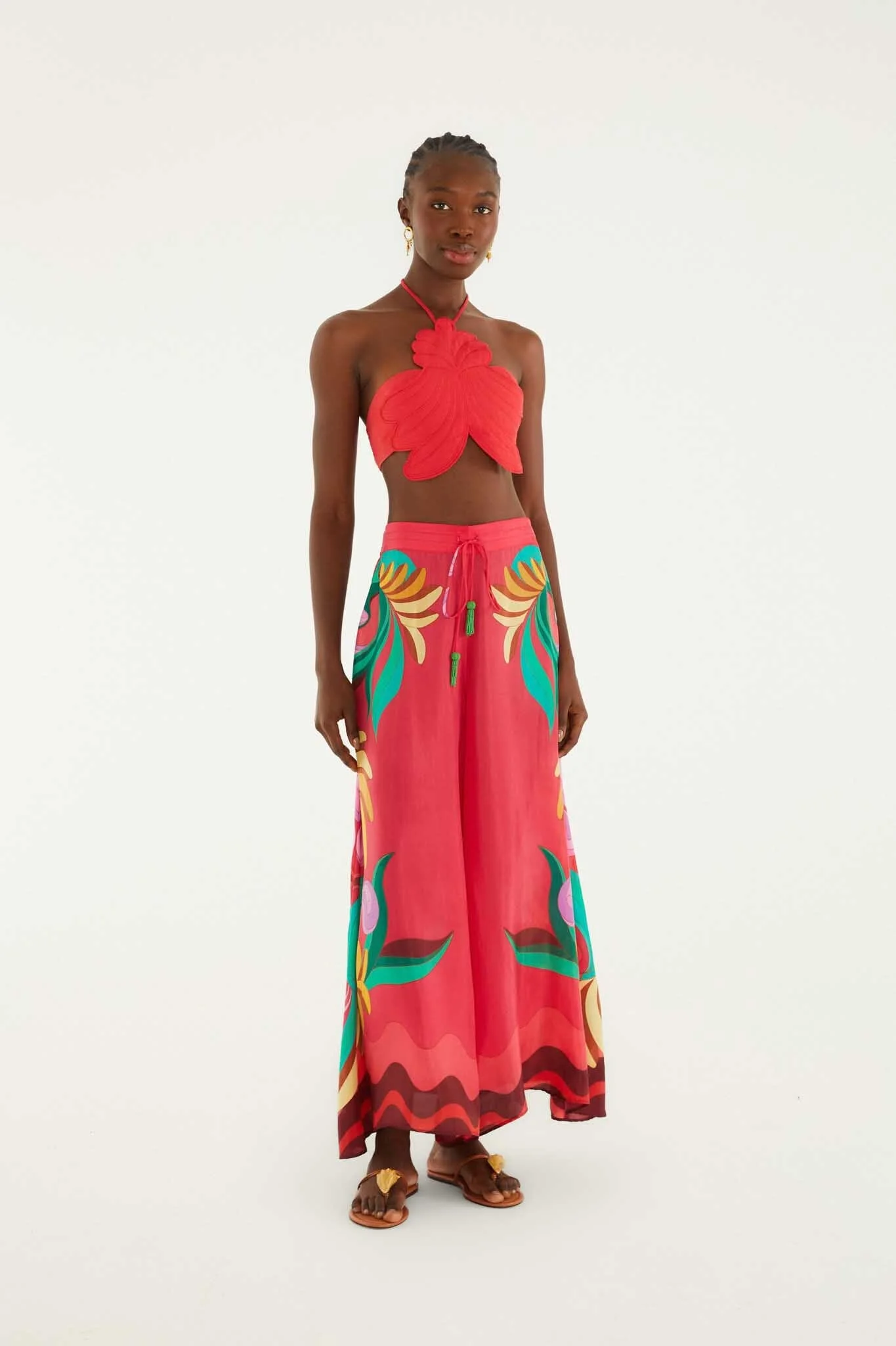 Multicolor Nature Beaded Tasssels Wide-Leg Pants - 1