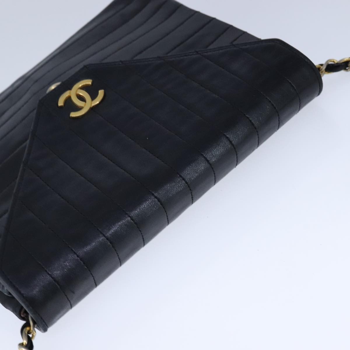 CHANEL Mademoiselle Chain Shoulder Bag Lamb Skin Black Gold CC - 6