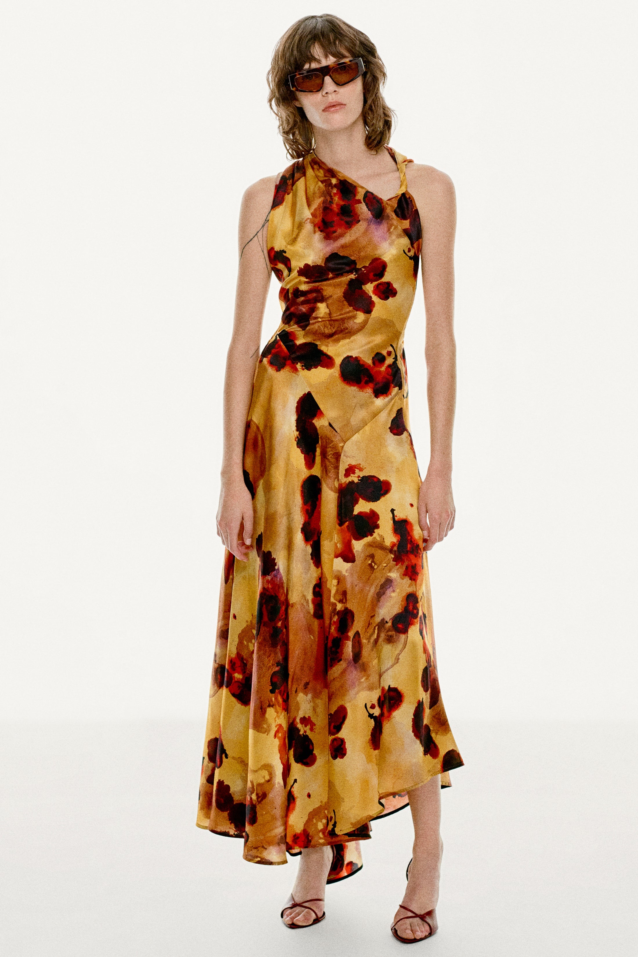Sleeveless Draped Midi Dress In Amber Floral Print - 3