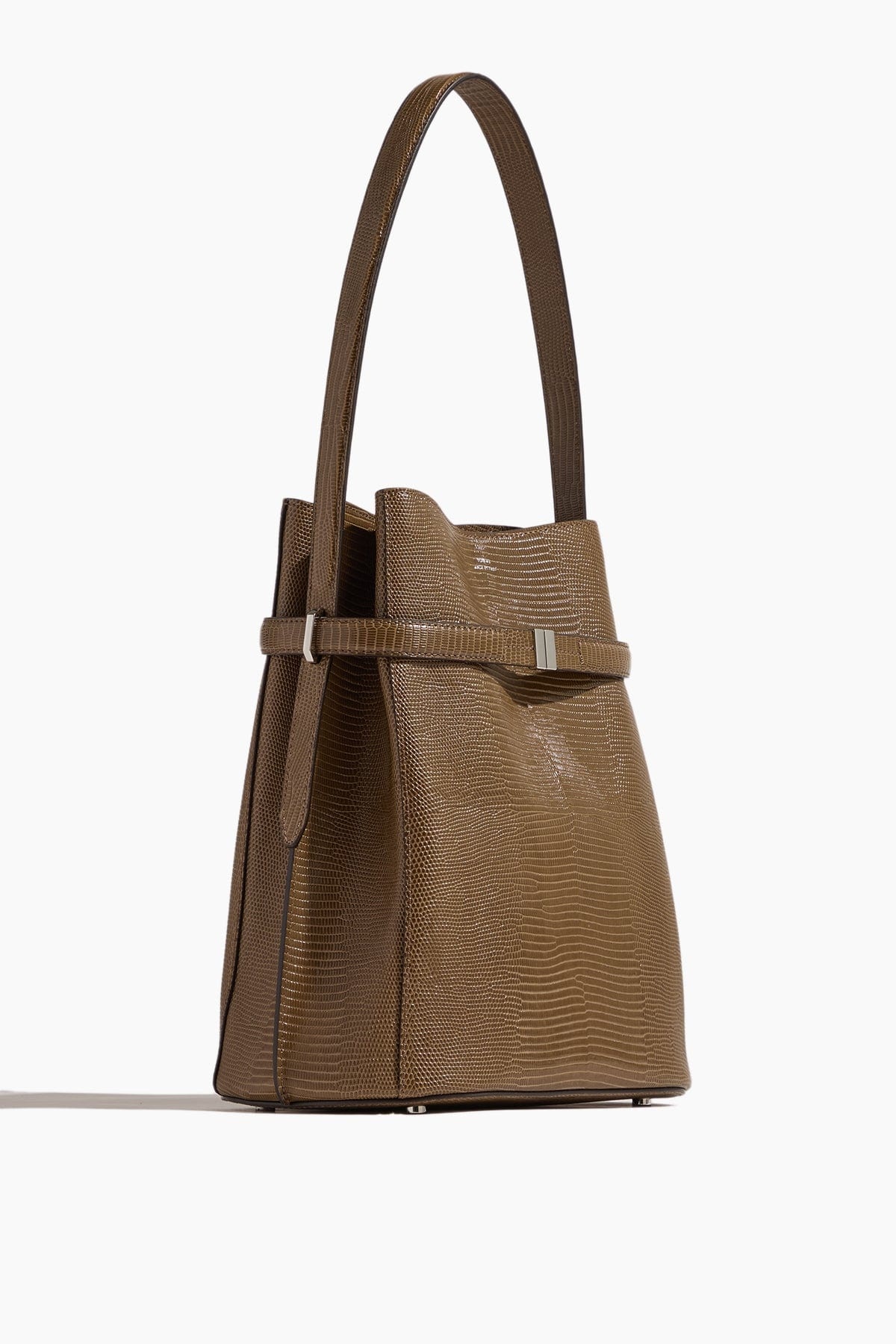 Belted Lizard-Embossed Bucket Bag in Dark Olive - 2