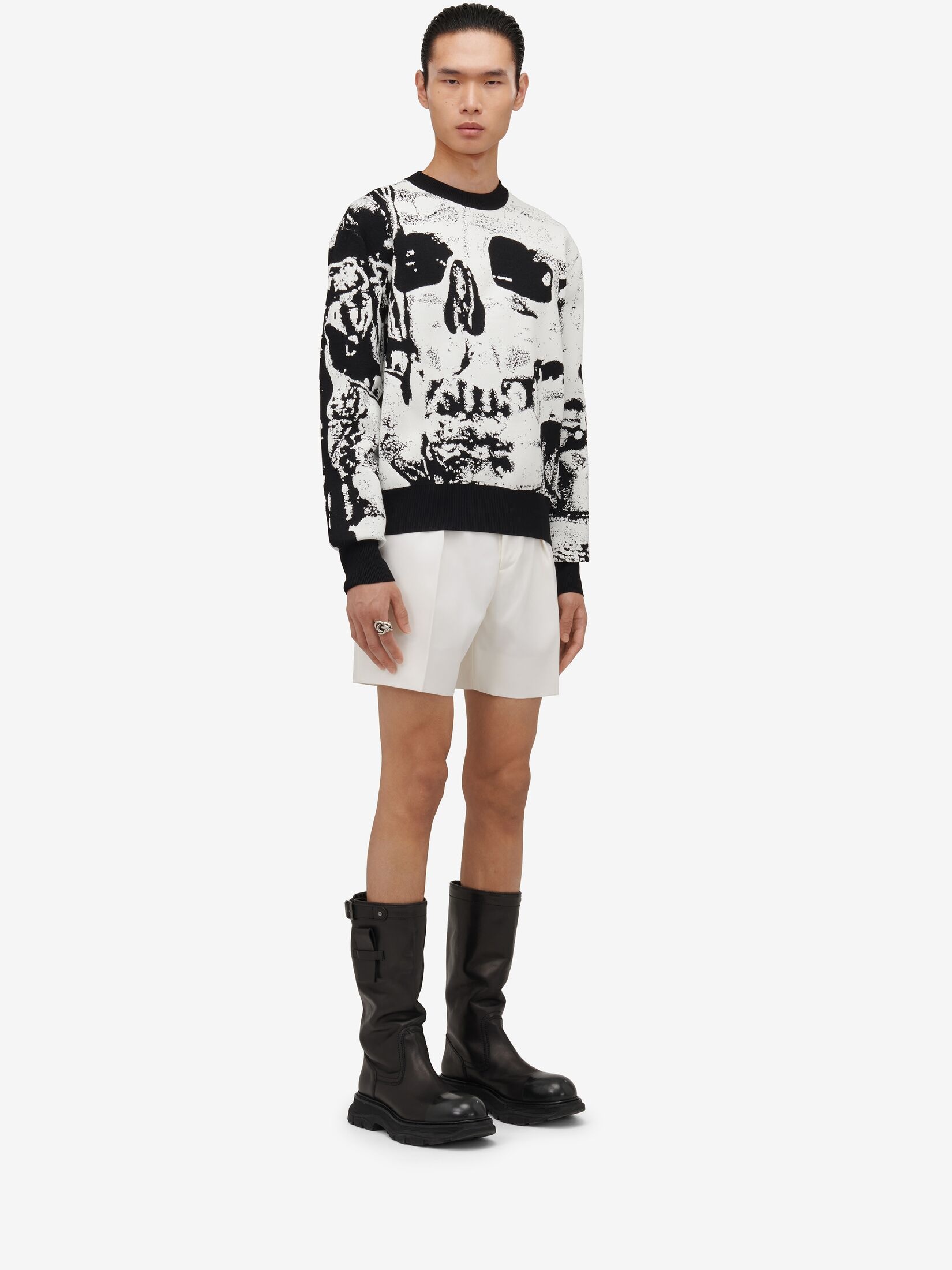 Men's Fold Skull Jacquard Jumper in Ivory/black - 3