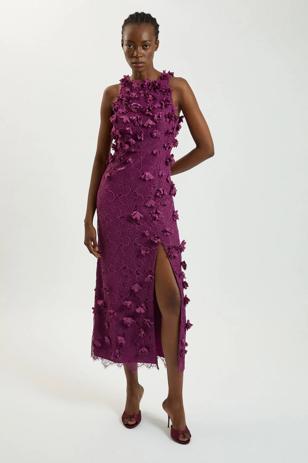 Petite Petal Applique Lace Woven Midi Dress - 1