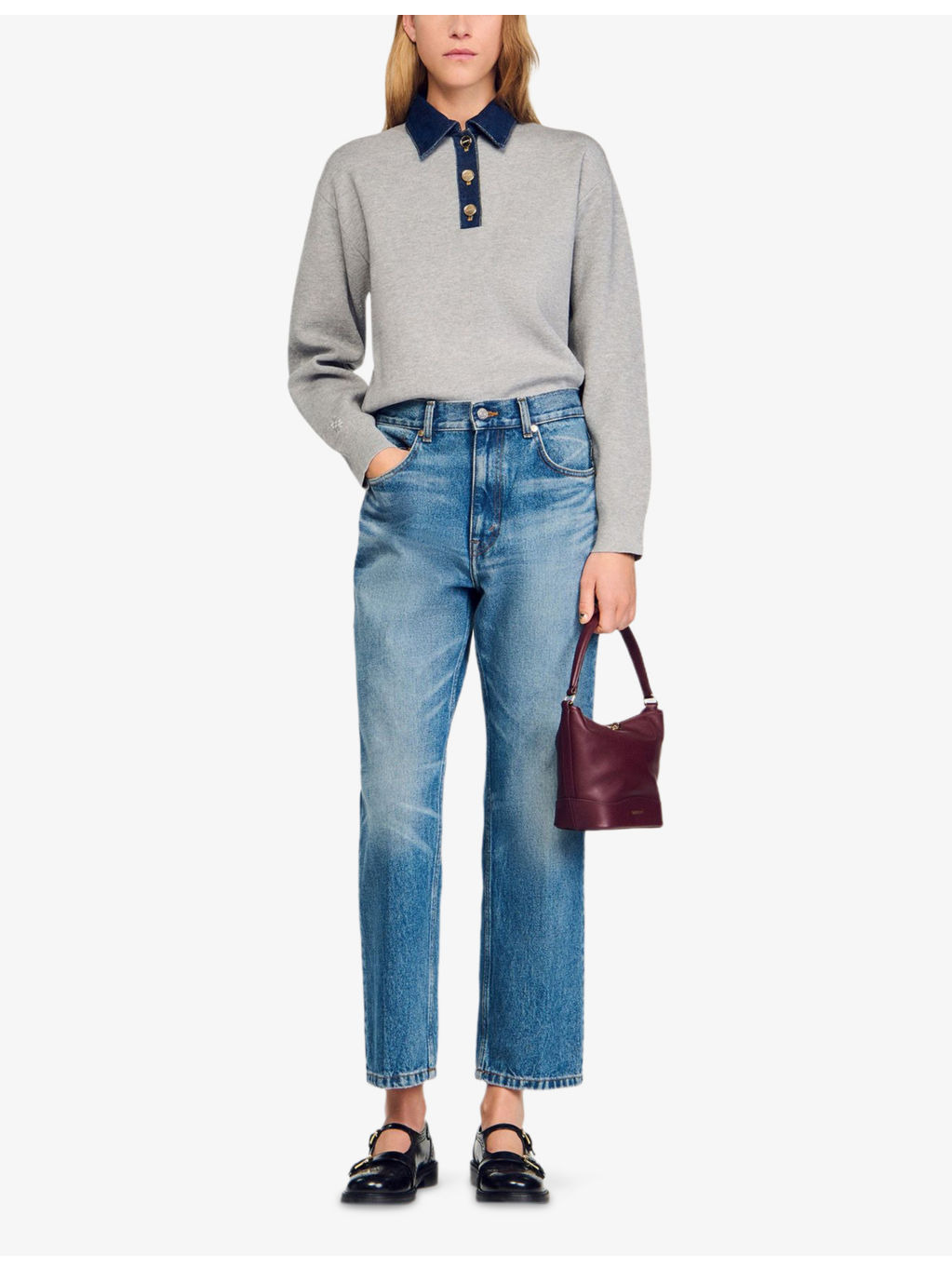 Denim button-down polo-collar knitted jumper - 2