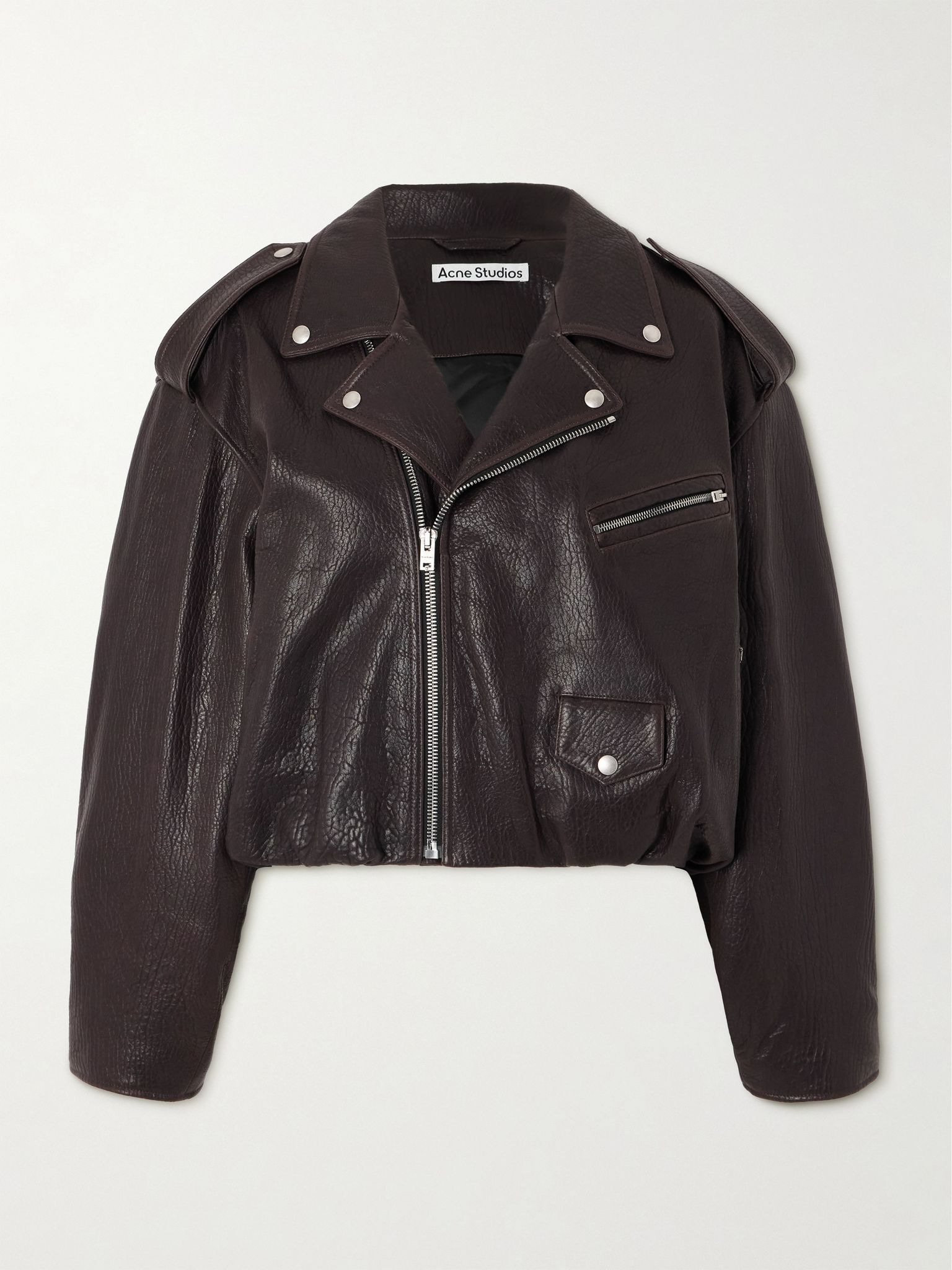 Gathered textured-leather biker jacket Brown - 1