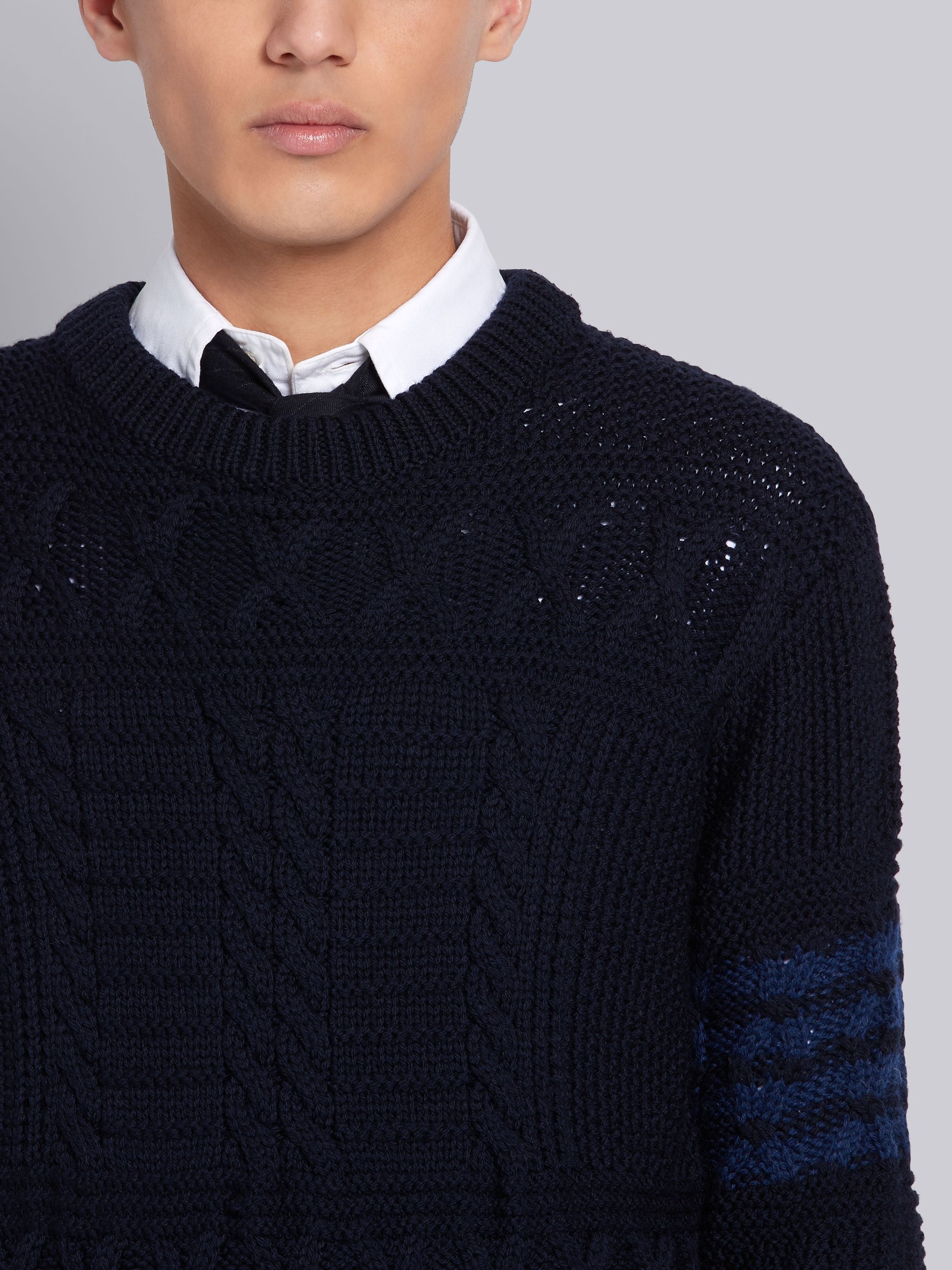 Navy Fine Merino Wool Aran Cable Tonal 4-Bar Crewneck Pullover - 5