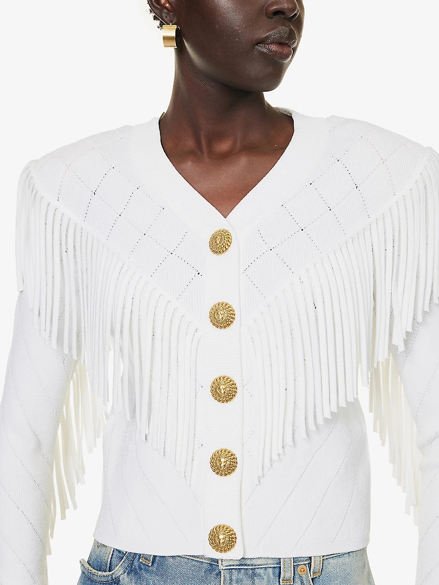 Gold-tone hardware fringed-design knitted cardigan - 5