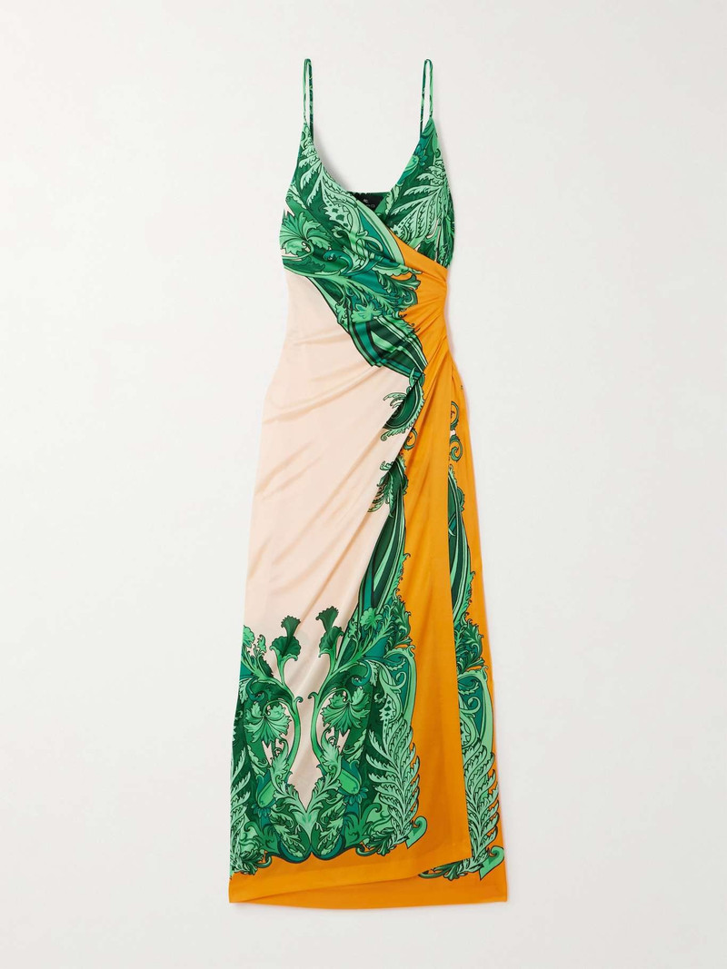 Wrap-effect gathered printed cady maxi dress Green - 1